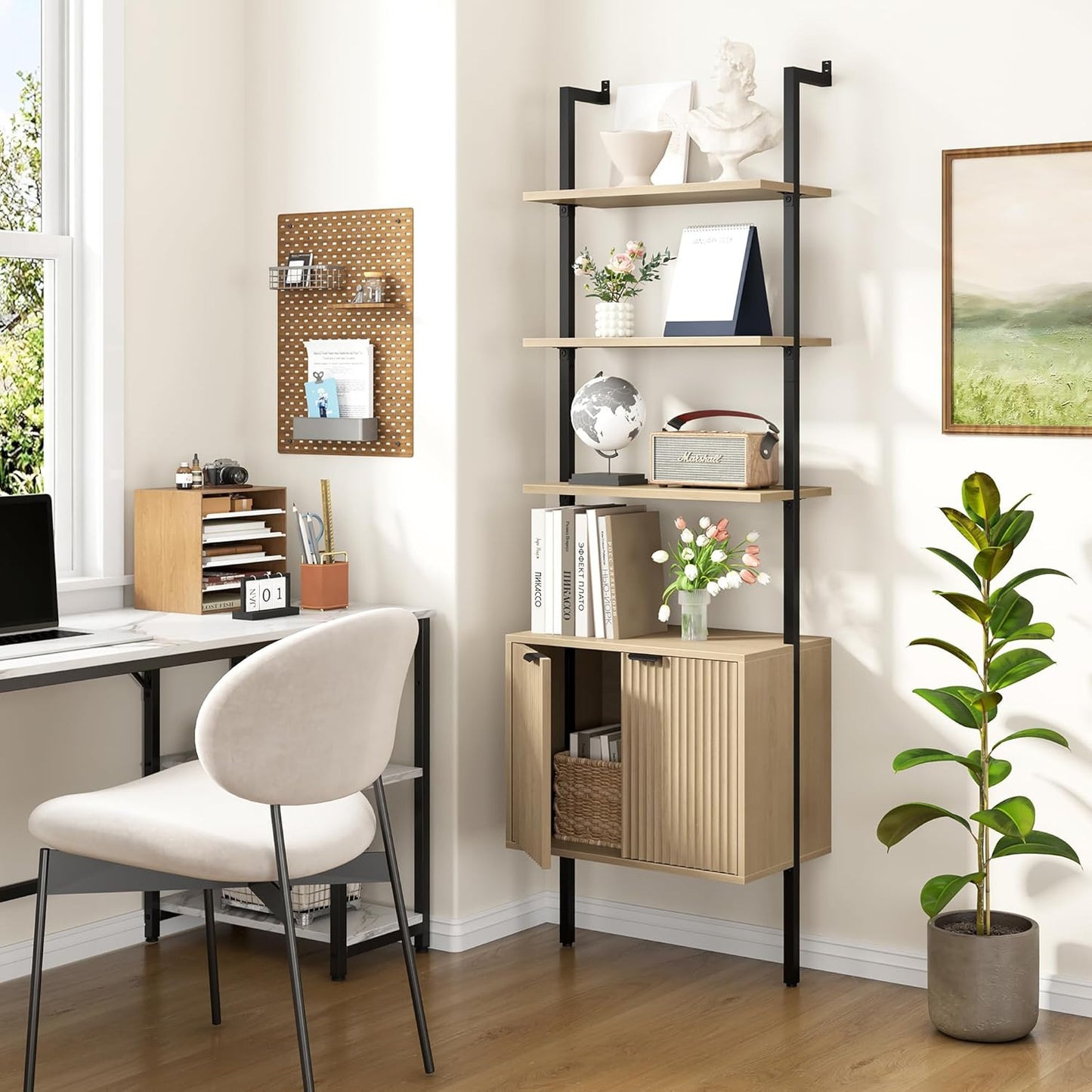 Yusong 73" Tall Bookshelf with Cabinet, Industrial Ladder Wall Mount Shelf Bookcase with Wood and Metal Frame, Plant Shelf Wall Storage Display for Living Room Bedroom, Wavy Light Ivory