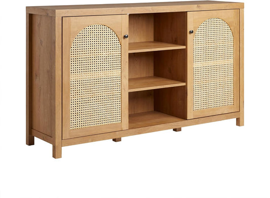 Walker Edison Sasha 2-Door Sideboard Buffet with Arched Rattan Panels, 58 Inch, English Oak