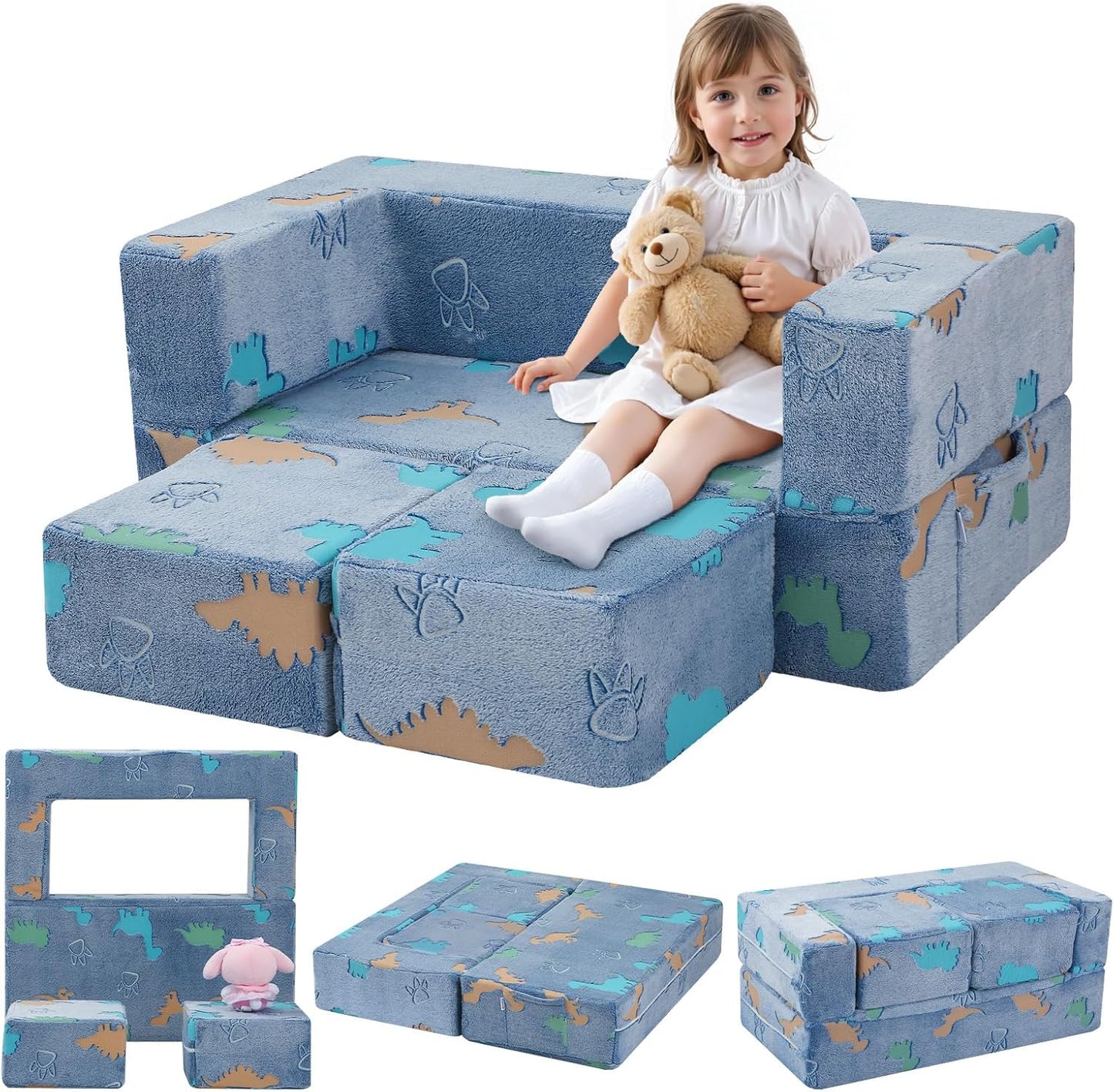 MeMoreCool Modular Kids Couch Dinosaur, Glow Dino Play Toddler Couch for Bedroom, Convertible Foam Kids Sofa Bed, Fold Out Baby Sofa for Girl Boy