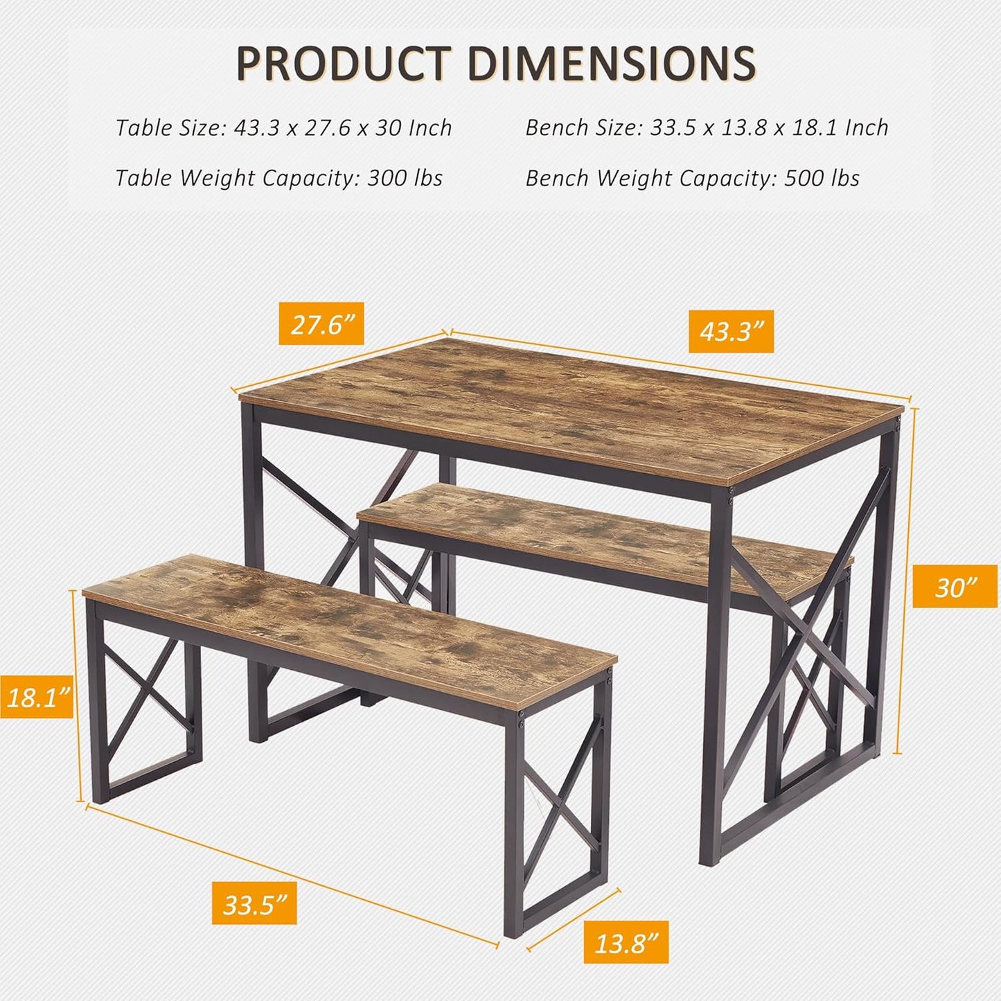 VECELO Kitchen Table with 2 Benches for 4, Wood Dining Room Dinette Sets with Metal Frame for Breakfast Nook and Small Space, Brown