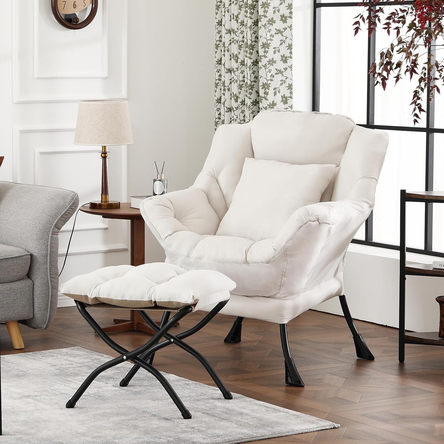 Lazy Chair with Ottoman, Modern Large Accent Lounge Chair with a Pillow, Leisure Sofa Armchair with Ottoman, Reading Chair with Footrest for Bedroom, Living Room, Dorm Room,Peach Beige