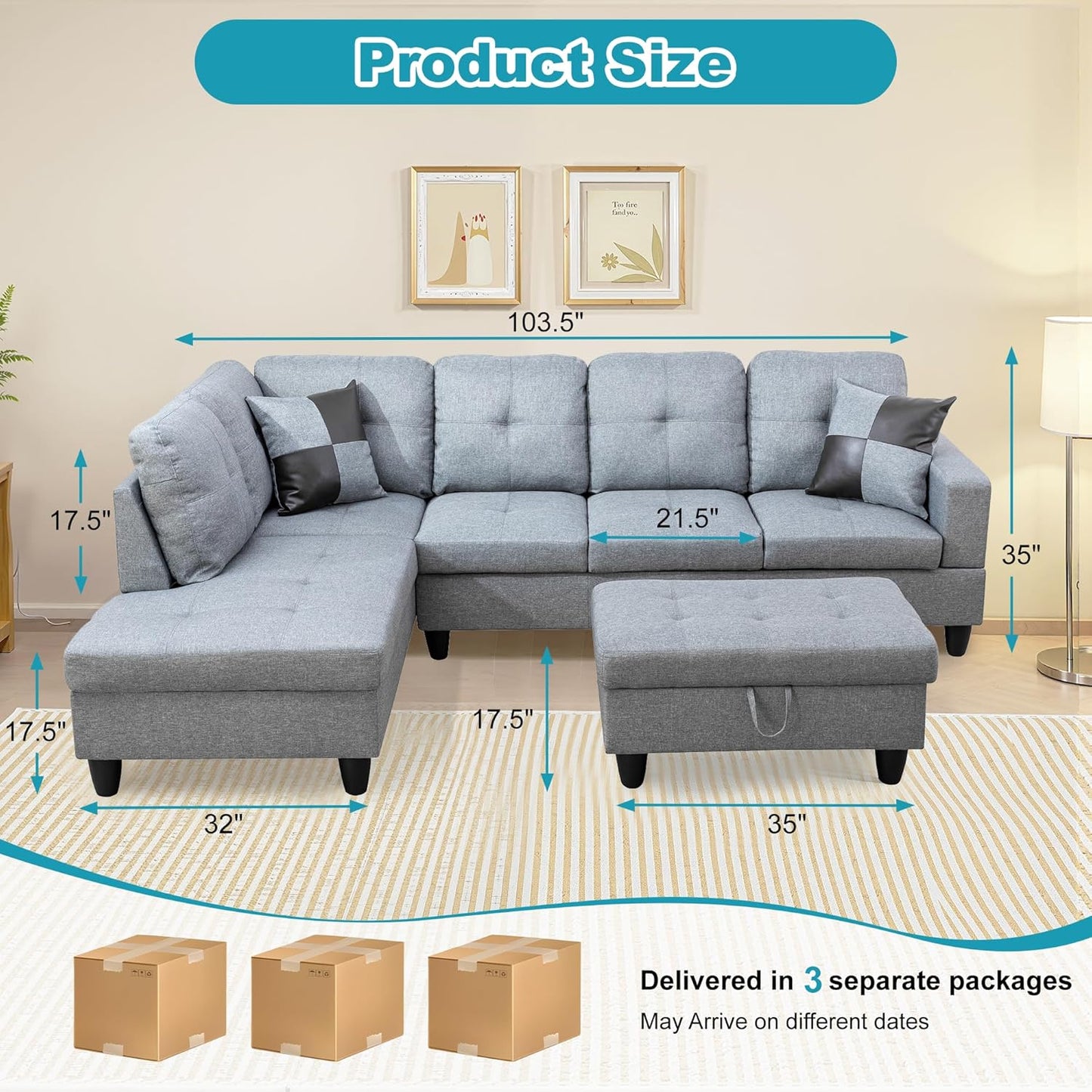 L Shaped Couch Modern Sectional Couch Upholstered Linen Fabric 3 Pieces Sofas for Living Room with Chaise, Storage Ottoman for Office and Small Apartment, Grey