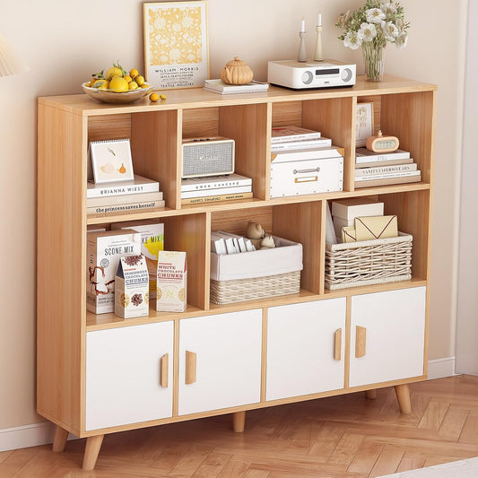 Cubby Shelf Bookcase with Doors - Wooden 11 Cube Floor Standing Open Bookshelf with Solid Wood Legs, 3-Tier Storage Cabinet, Oak and Warm White