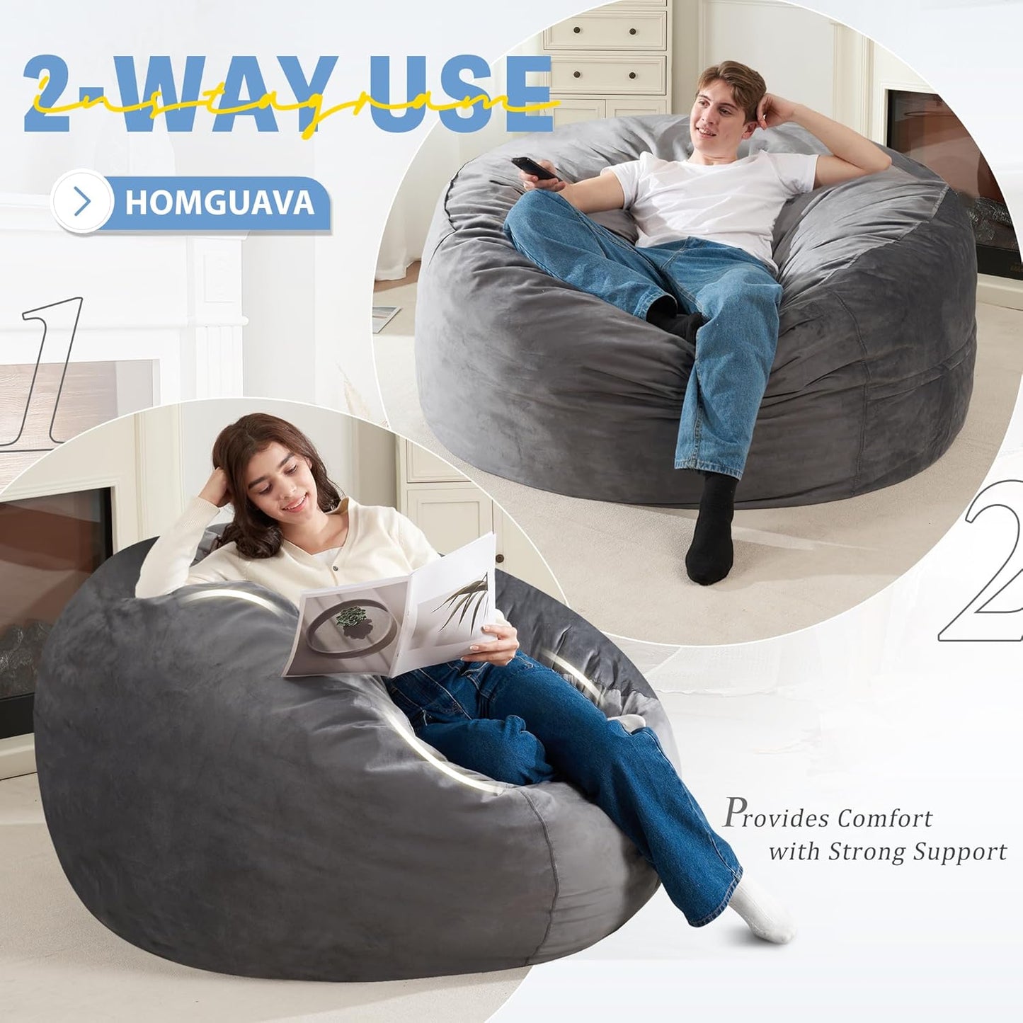 Homguava 4 FT Bean Bag Chair: 4' Bean Bags with Memory Foam Filled, Large Beanbag Chairs Soft Sofa with Dutch Velvet Cover-Grey