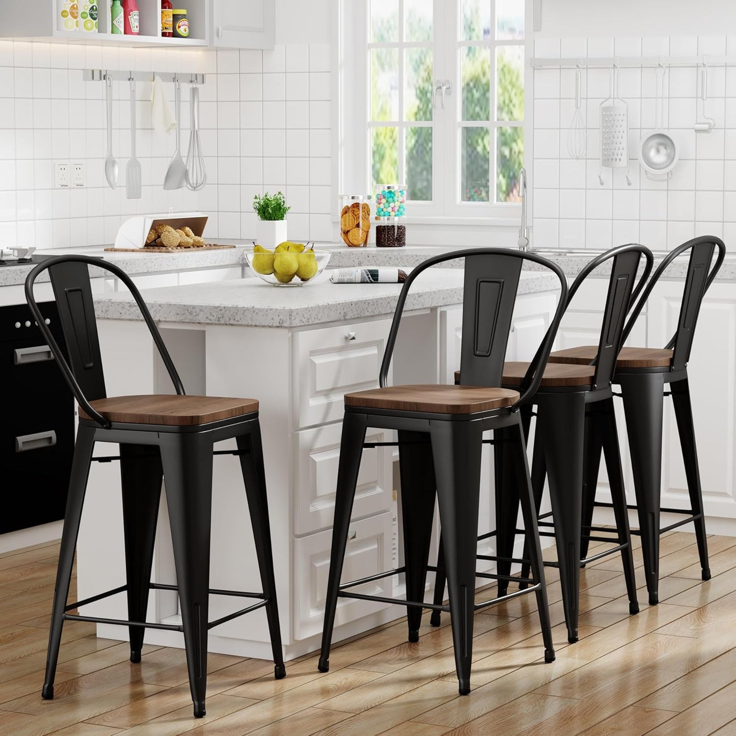 Yongqiang Black Metal Bar Stools Set of 4 Bar Height Stools Kitchen Island Barstools Industrial High Back Bar Chairs with Large Wooden Seat 30 inch