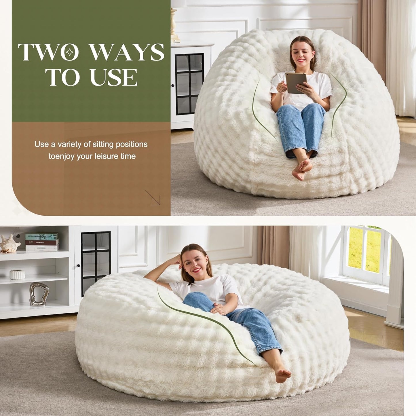 Hobestluk Bean Bag Chairs 6ft Beanbag Chair with Filler Adult Bean Bags with Fluffy & Machine Washable Cover, Giant Bean Bag Chairs for Aduts (White, 6FT-70" x 70" x 15")