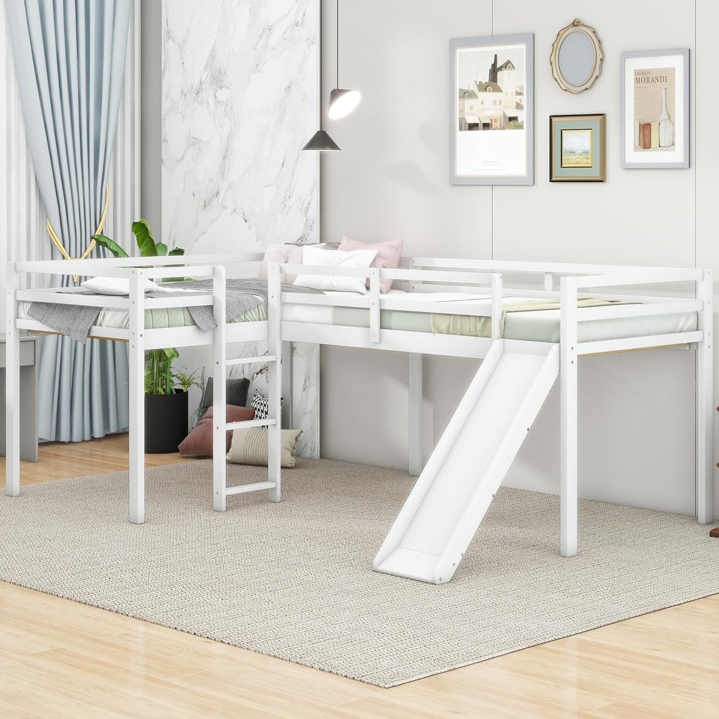 L-Shaped Twin Size Loft Bed with Ladder and Slide,Solid Wood Structure Bed Frame,w/Safety Guardrail & Slat Supports,Space Saving,Easy to Assemble,for Kids,Teens,Girls & Boys,White