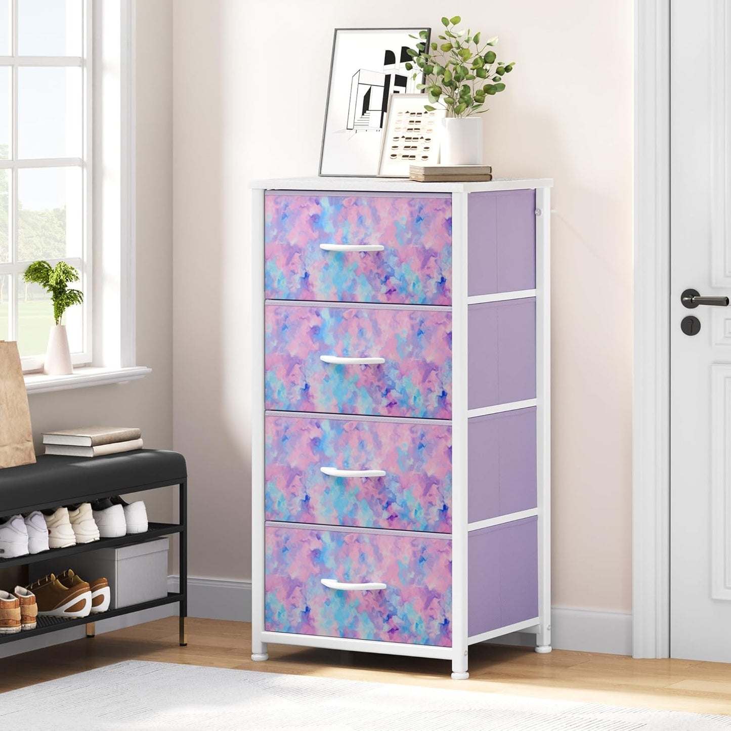 DWVO Dresser with 4 Drawers - Storage Tower Unit, Dresser for Bedroom, Living Room, Closets - Sturdy Steel Frame, Wooden Top & Easy Pull Fabric Bins, Purple