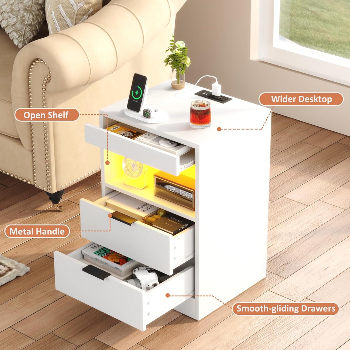 Gadroad LED Nightstand with Charging Station, Bedside Table with 3 Drawers and LED Lights, End Table Sofa Couch Side Table with Pull-Out Shelf, White