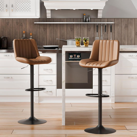 Shintenchi Swivel Bar Stools Set of 2, Adjustable Faux Leather Upholstered Swivel Counter Stools, Armless Bar Height Island Chairs with Back and Footrest, Coffee