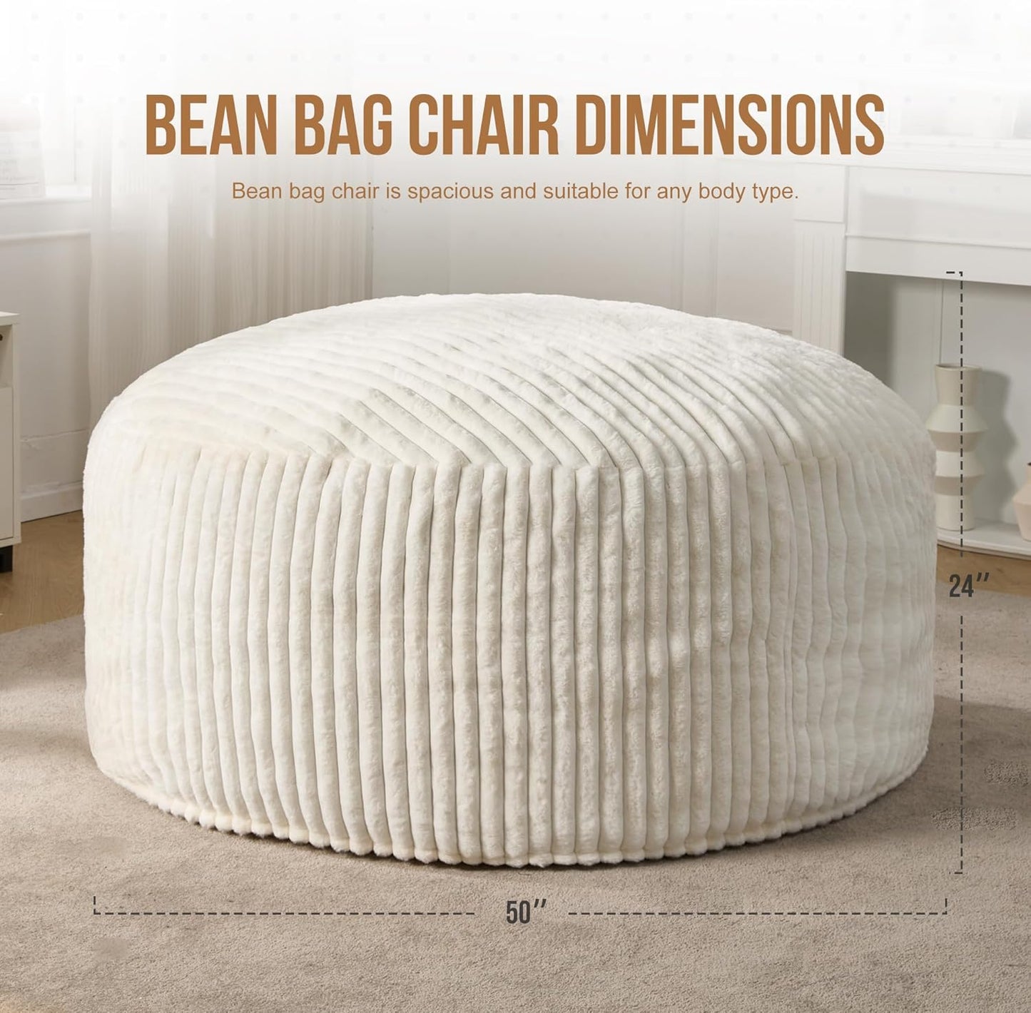 Hobestluk 5ft Bean Bag Chairs for Adults Large Beanbag Chair with Dutch Corded Plush Cover Big Bean Bag Chair for Living Room Bedroom Dorm Office - White (50” x 50” x 24”)