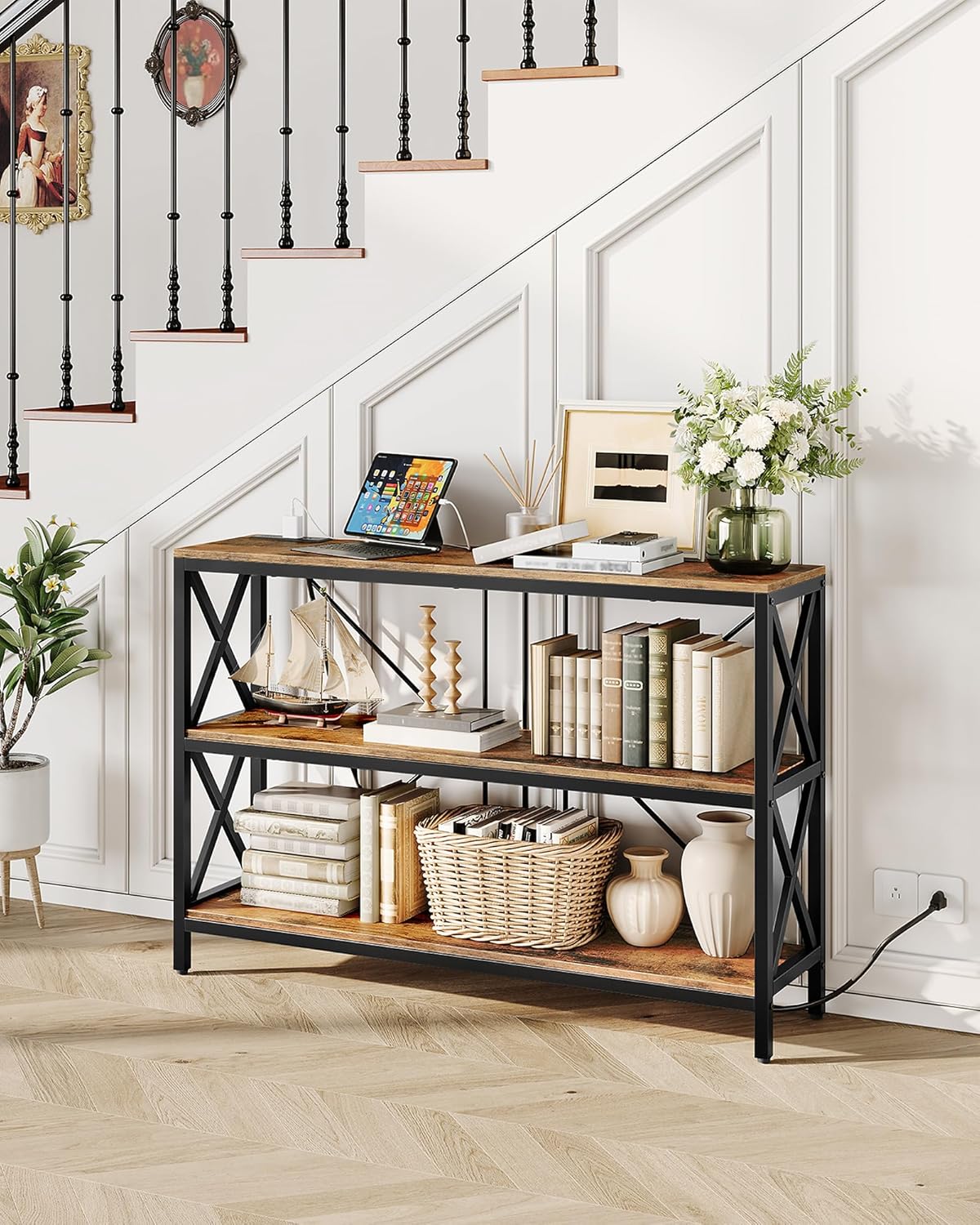 47.2" Console Table with Charging Station, 3-Tier Entryway Table, Industrial Sofa Desk, Hallway Desk with 2 AC Outlets and 2 USB Ports Metal Frame, Rustic Brown and Black TXG01UBF