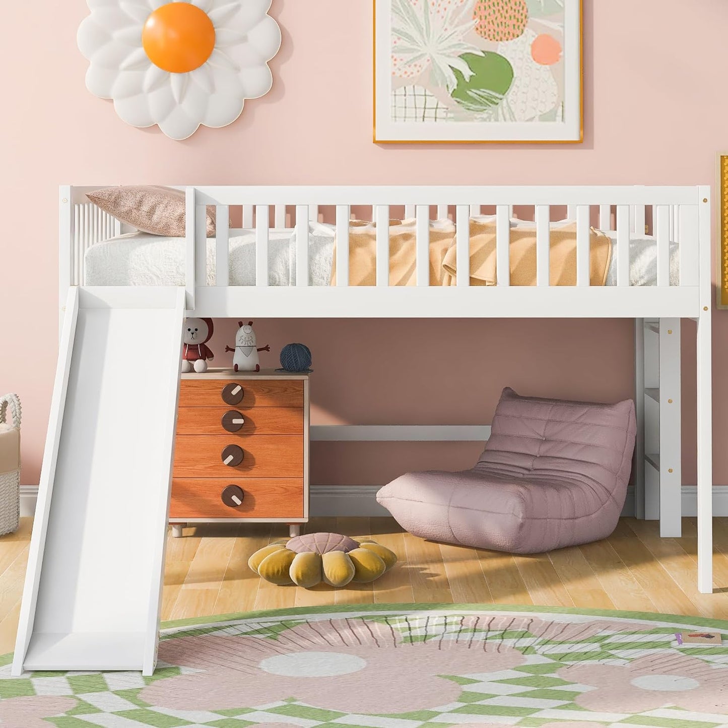 Full Size Low Loft Bed with Ladder and Slide,Vertical Design Wooden Bed Frame, for Kids and Young Teens, No Box Spring Required,Space-Saving,White