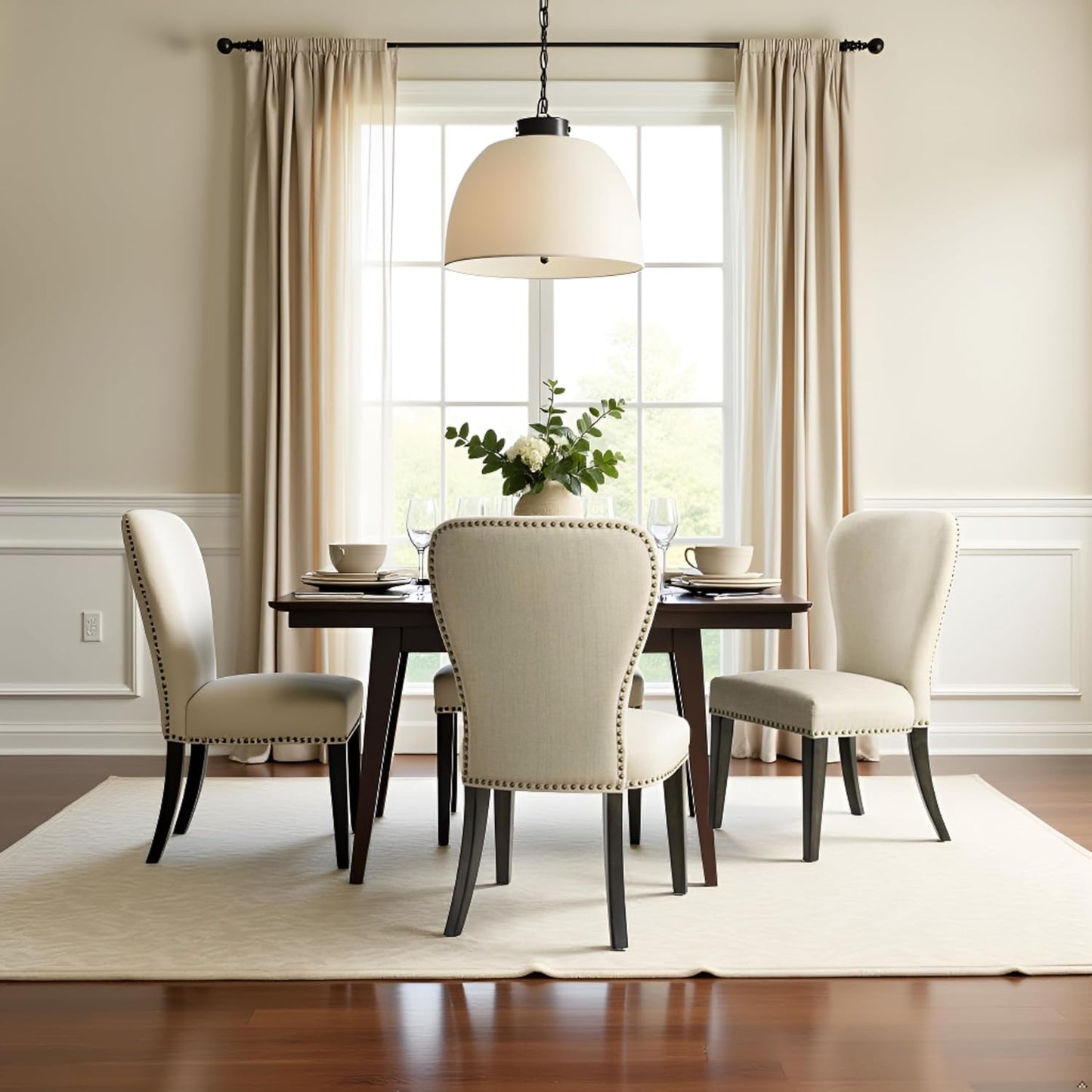 Alaterre Furniture Savoy Upholstered Dining Chairs – Set of 2 Parsons Style Accent Chairs with Cream Linen Fabric, Nailhead Trim, and Dark Stained Legs – for Dining Room, Desk, or Sitting Area