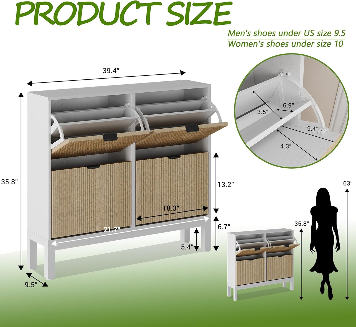 GarveeHome Fluted Shoe Storage Cabinet with 4 Flip Drawers, Narrow Wooden Shoe Organizer with Metal Legs, Modern Farmhouse Hidden Shoe Rack for Entryway, Hallway, White+Oak