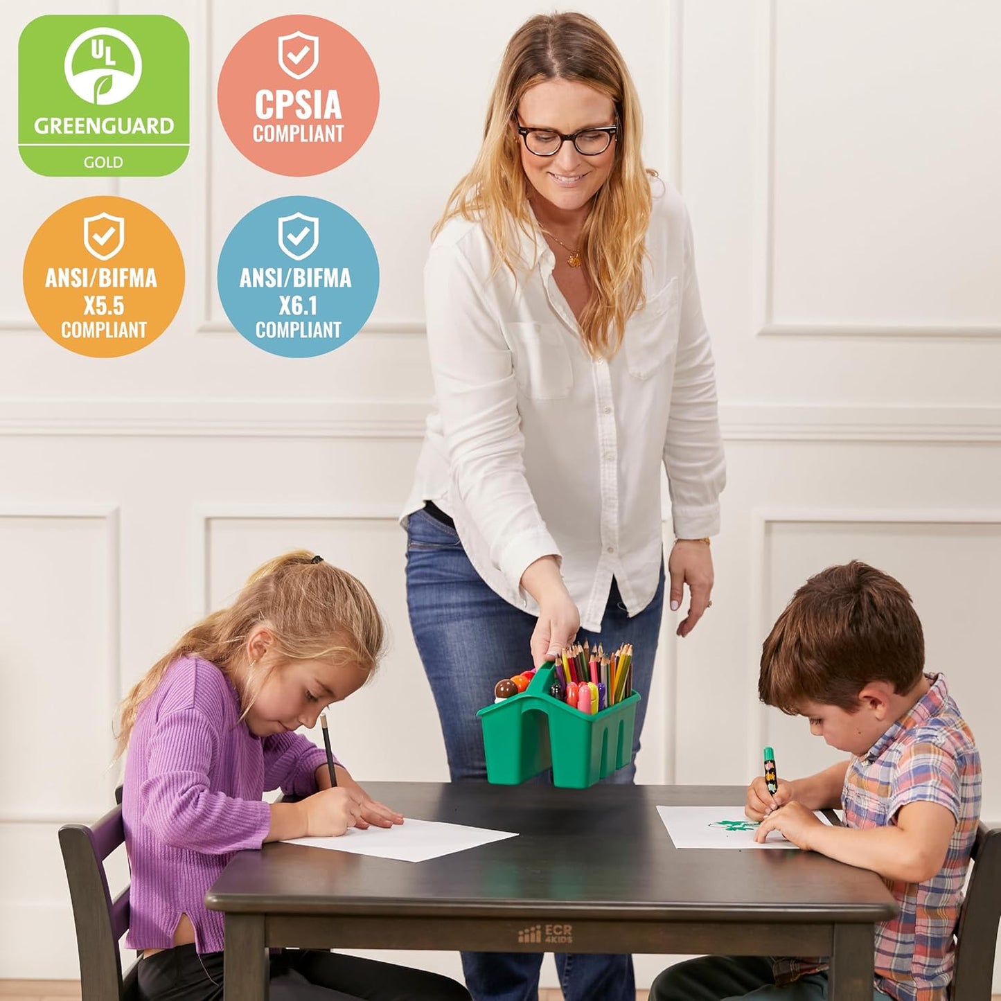 ECR4Kids 30in x 30in Square Hardwood Table and Chair Set, 12in Seat Height, Kids Furniture, Grey Wash