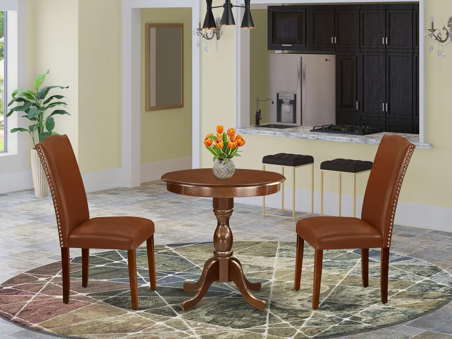 East West Furniture ESEN3-MAH-66 3 Piece Kitchen Table Set Contains a Round Dining Table and 2 Brown Faux Faux Leather Upholstered Chairs, 30x30 Inch, Mahogany