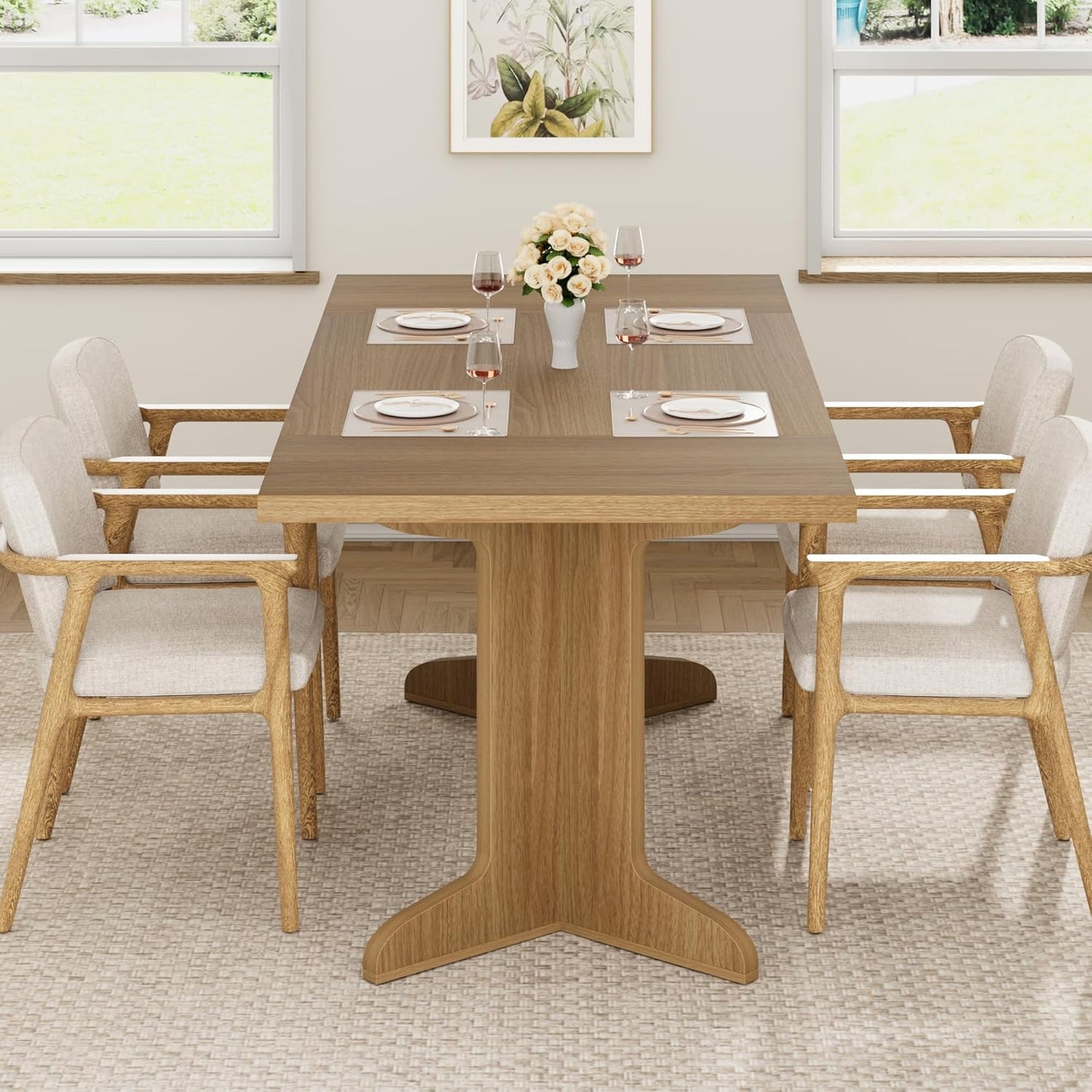 71" Dining Table for 6 to 8 People, Modern Dinner Table with Unique Wooden Legs, Rectangle Dining Table for Kitchen, Dining Room & Living Room, Oak