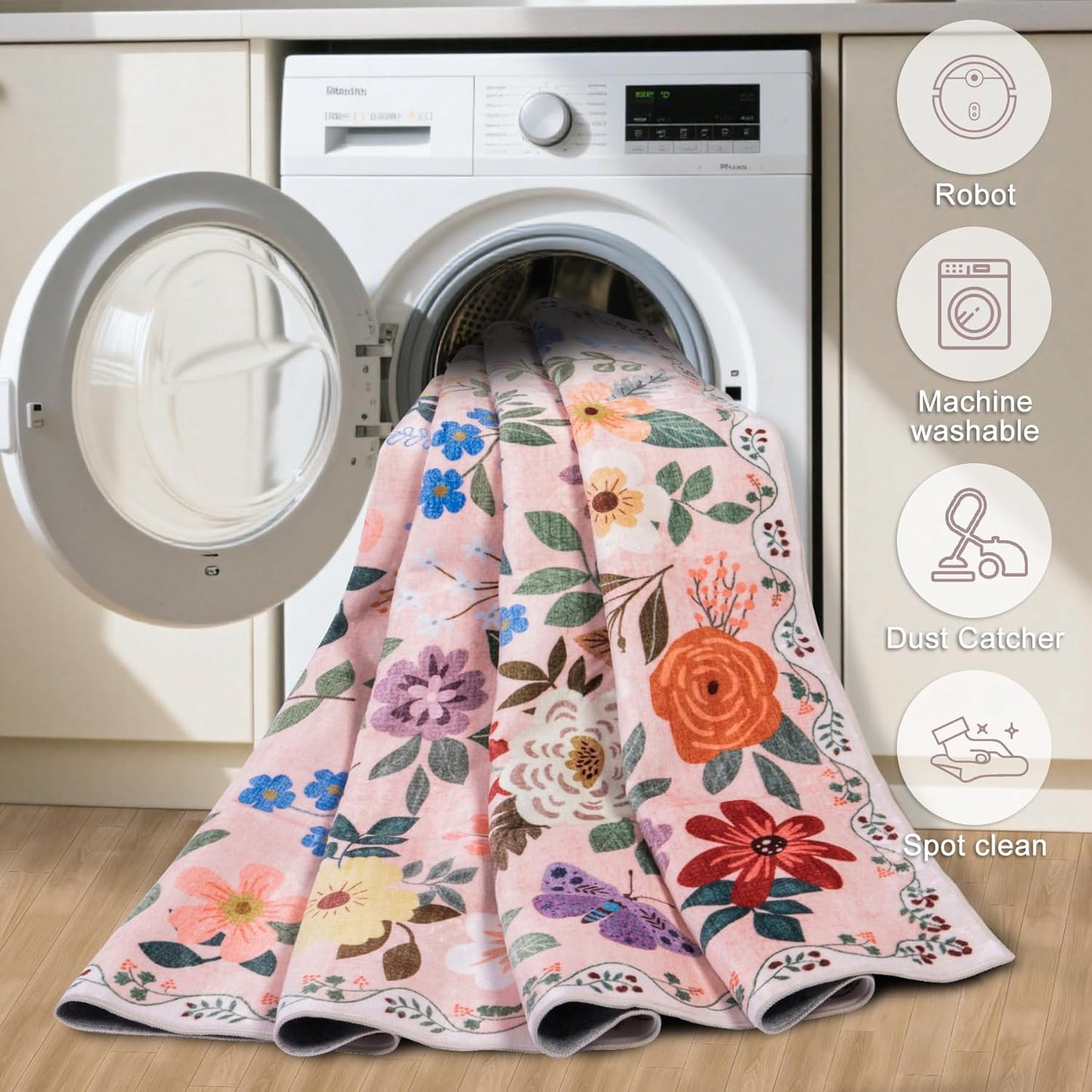 Area Rugs 9x12 Living Room: Floral Washable Rug Vintage Large Soft Boho Non-Slip Carpet Indoor Floor Stain Resistant Low Pile Carpets for Bedroom Dining Room Farmhouse Nursery Home Office Dark Beige