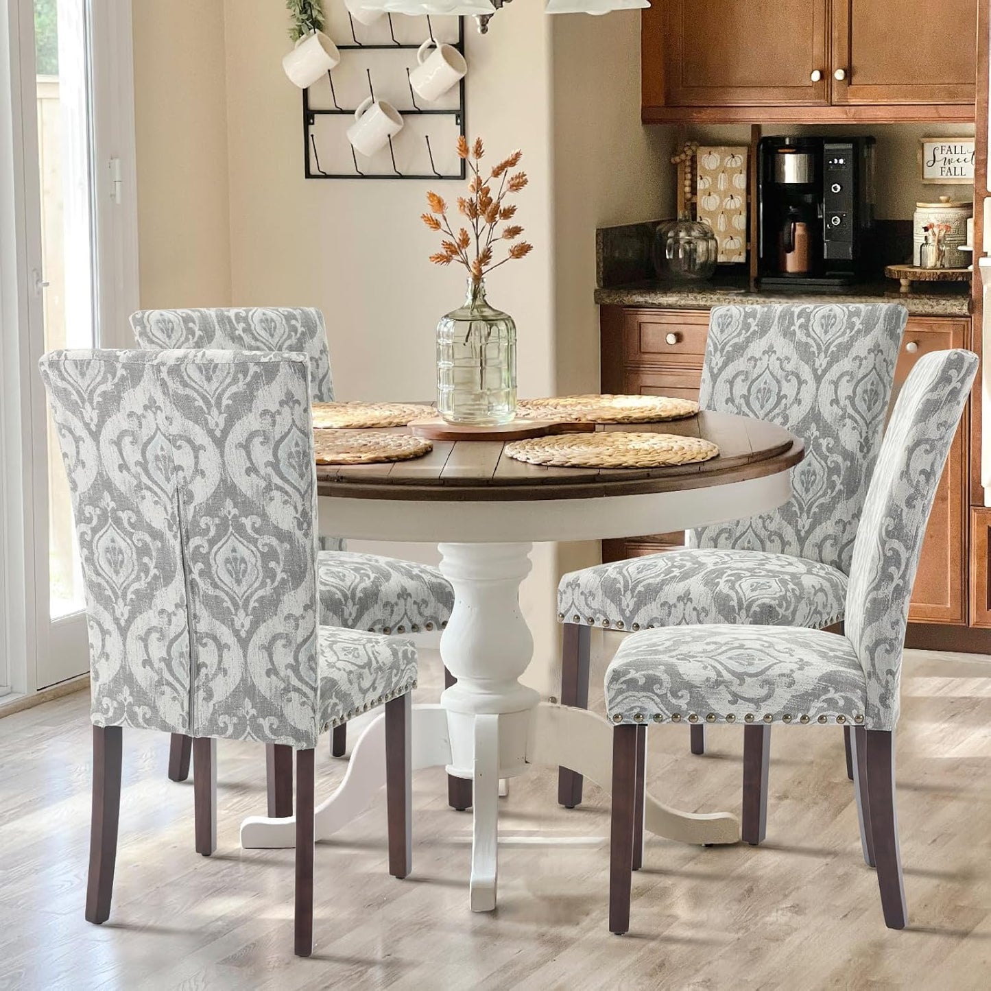 COLAMY Upholstered Parsons Dining Chairs Set of 4, Fabric Dining Room Kitchen Side Chair with Nailhead Trim and Wood Legs - Grey/White Flower