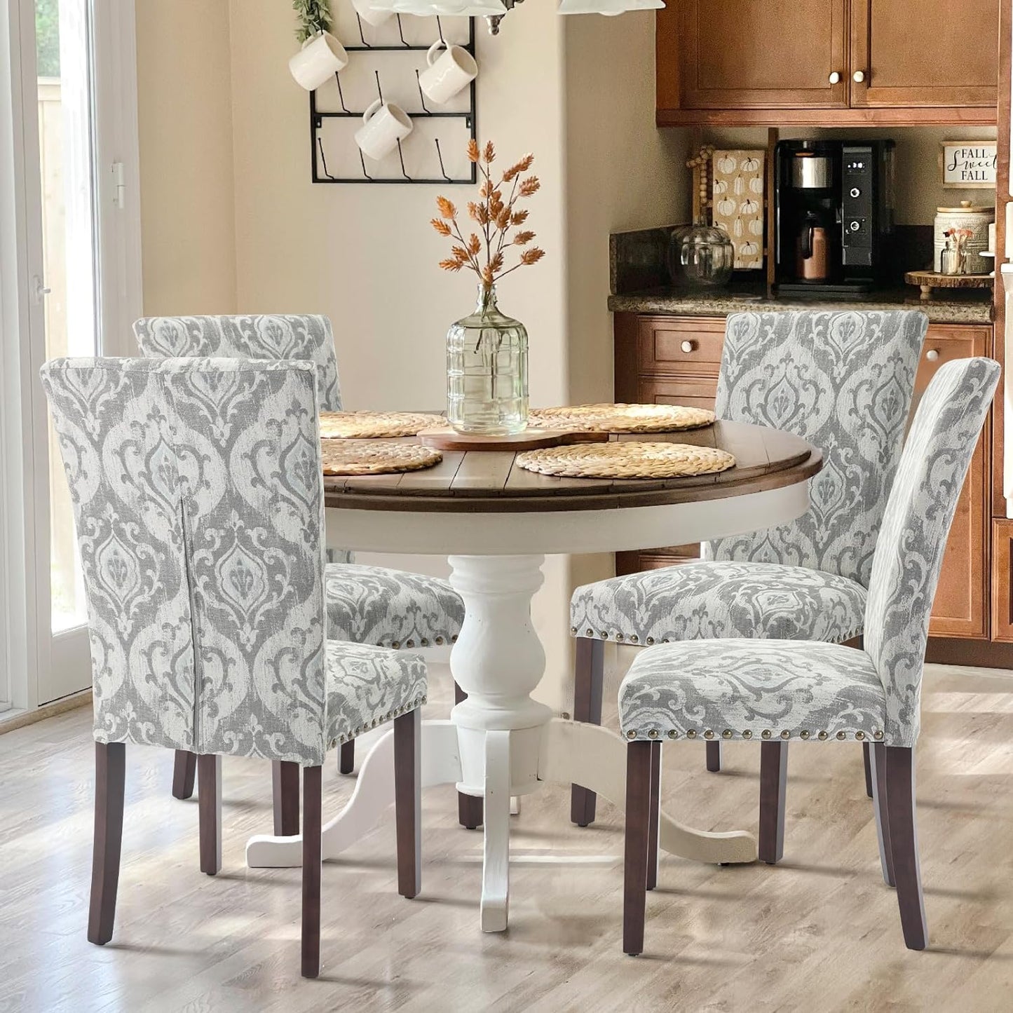 COLAMY Upholstered Parsons Dining Chairs Set of 6, Fabric Dining Room Kitchen Side Chair with Nailhead Trim and Wood Legs - Grey/White Flower