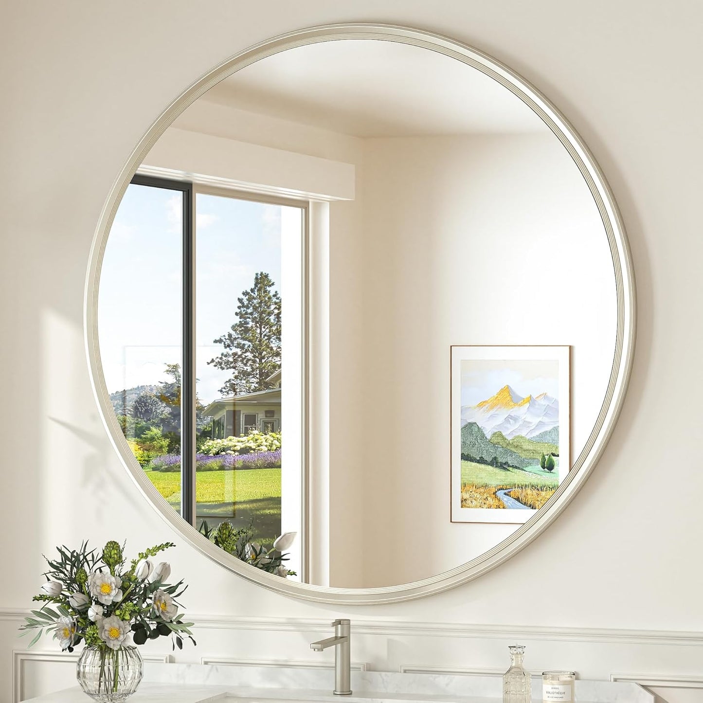 TokeShimi 40 in Tempered Bathroom Vanity Mirror Round Brushed Nickel Bathroom Mirror, 40x40 Shatterproof Circle Wall Mirrored Farmhouse Metal for Entryway, Bedroom, Restroom, Vanity, Living Room