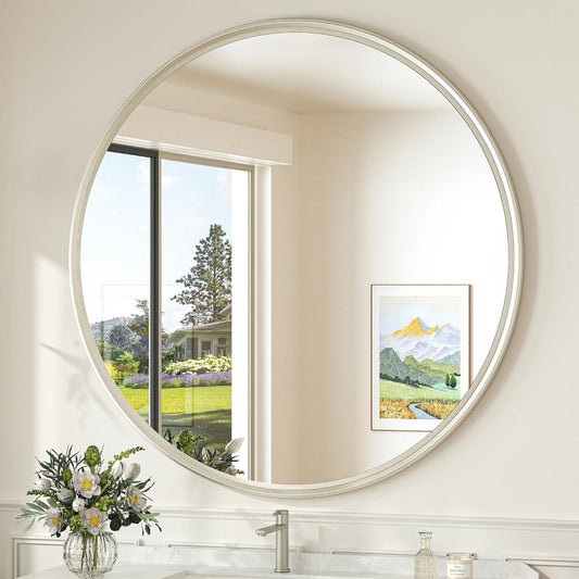TokeShimi 40 in Tempered Bathroom Vanity Mirror Round Brushed Nickel Bathroom Mirror, 40x40 Shatterproof Circle Wall Mirrored Farmhouse Metal for Entryway, Bedroom, Restroom, Vanity, Living Room