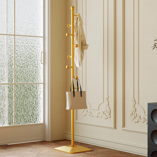 Gold coat rack,Metal coat hanger stand,Coat Tree freestanding Heavy duty with 8 Hooks and Cast iron base for coats,Hat,scarf,jacket,purse