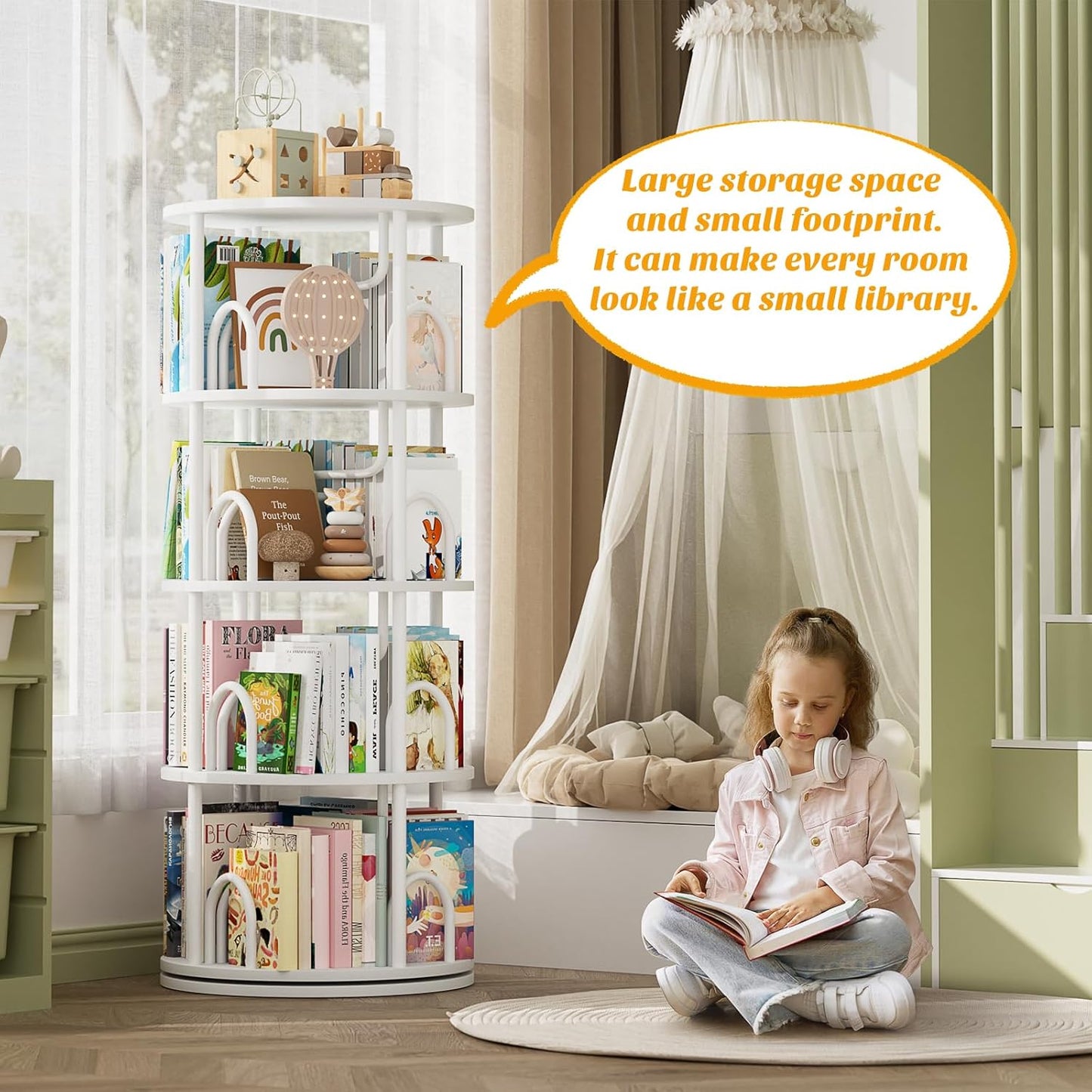 Aheaplus 4 Tier Rotating Bookshelf Tower, 360 Display Spinning Bookcase, Revolving Round Book Shelf Narrow Swivel Bookshelf, Vertical Turning Spiral Corner Book Organizer for Small Space, White