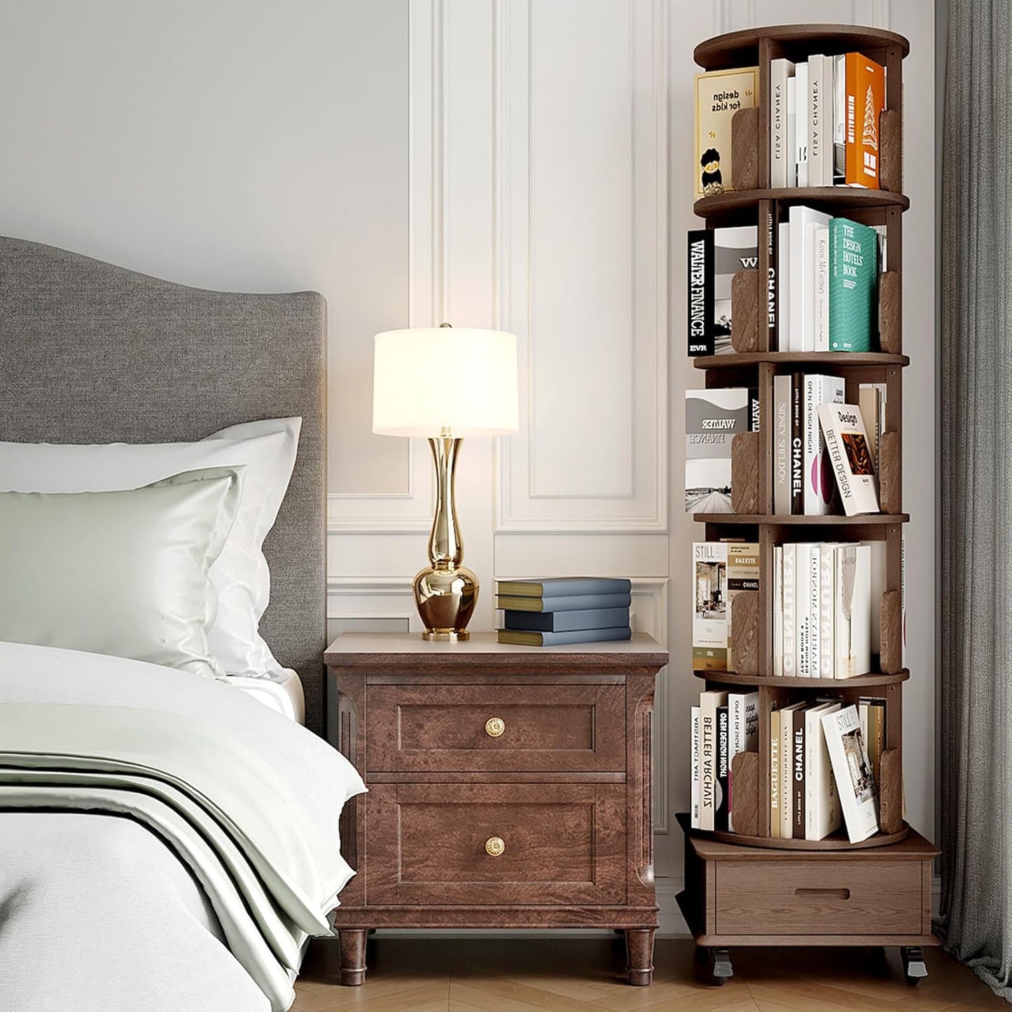 Solid Wood Rotating Bookshelf Tower on Wheels, 5-Tier Spinning Bookcase with Drawer, 72" Floor Standing Revolving Bookshelf, Rotating Bookcase for Small Space, Walnut