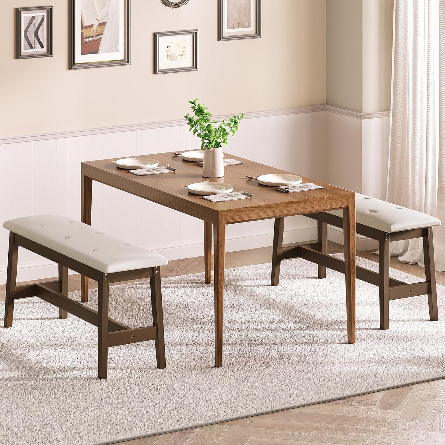 HOOBRO Dining Bench, Bamboo Dining Room Bench with PU Leather Upholstered Seat, for Kitchen, Living Room, Hallway, Kitchen, Entryway, Beige and Brown CE13CD01