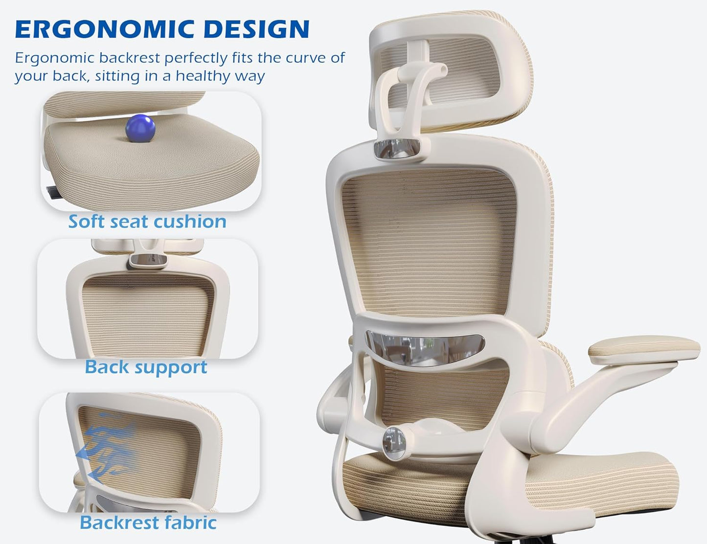 TRALT Ergonomic Office Chair - Desk Chair with Adjustable Headrest Lumbar Support Computer Chair - Mesh Comfy Chair with Flip-up Armrests - Gaming Chairs for Adults Home Office (Leather, Beige)