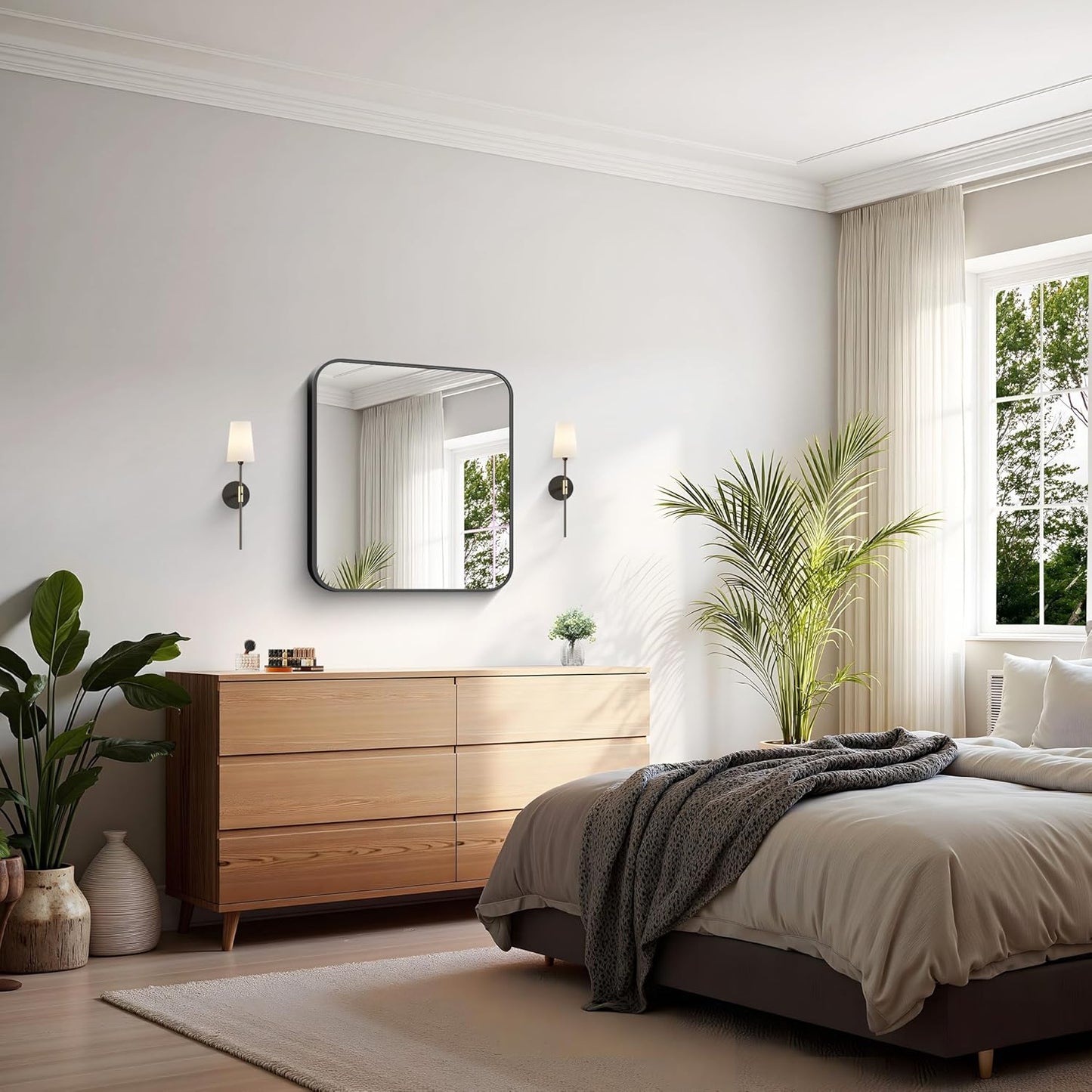 KOCUUY Square Bathroom Mirror, 24"x24" Black Rectangle Vanity Mirror, Black Metal Frame Mirror with Rounded Corner for Bathroom, Bedroom, Living Room, Entryway