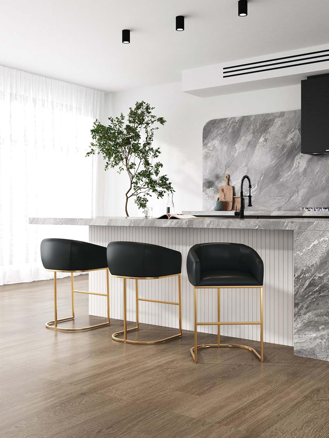 Manhattan Comfort Louvre 26 Inch Mid Century Modern Counter Height Bar Stools - Elegant Faux Leather Padded Seat, Stainless Steel Base with Footrest, Fully Assembled Barstools, Set of 3, Black & Gold