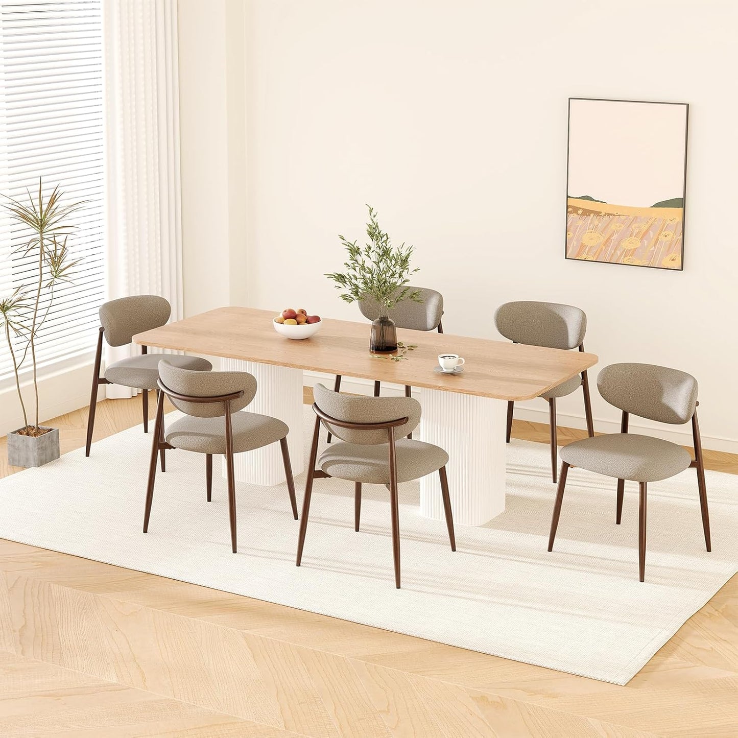 Dining Chairs Set of 6, Ergonomic Fabric Upholstered Seating with Wood Look Metal Legs and Anti Slip Pads, for Home and Restaurant Use, Camel