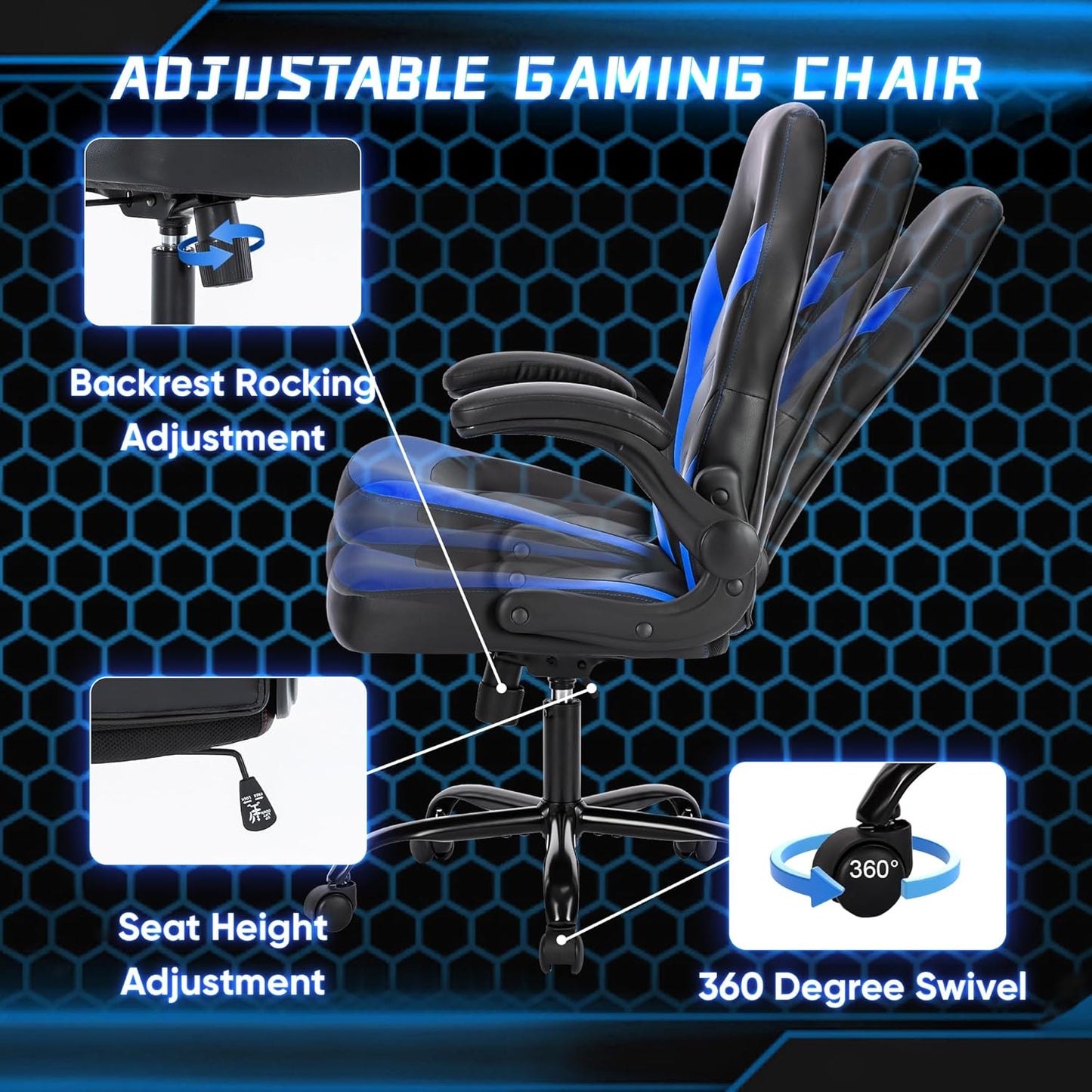 OLIXIS Computer Gaming Chair - PU Leather Ergonomic Lumbar Support with Flip-up Armrest and 360° Swivel Wheels, Height Adjustable Task Home Office Desk Video Racing, Blue