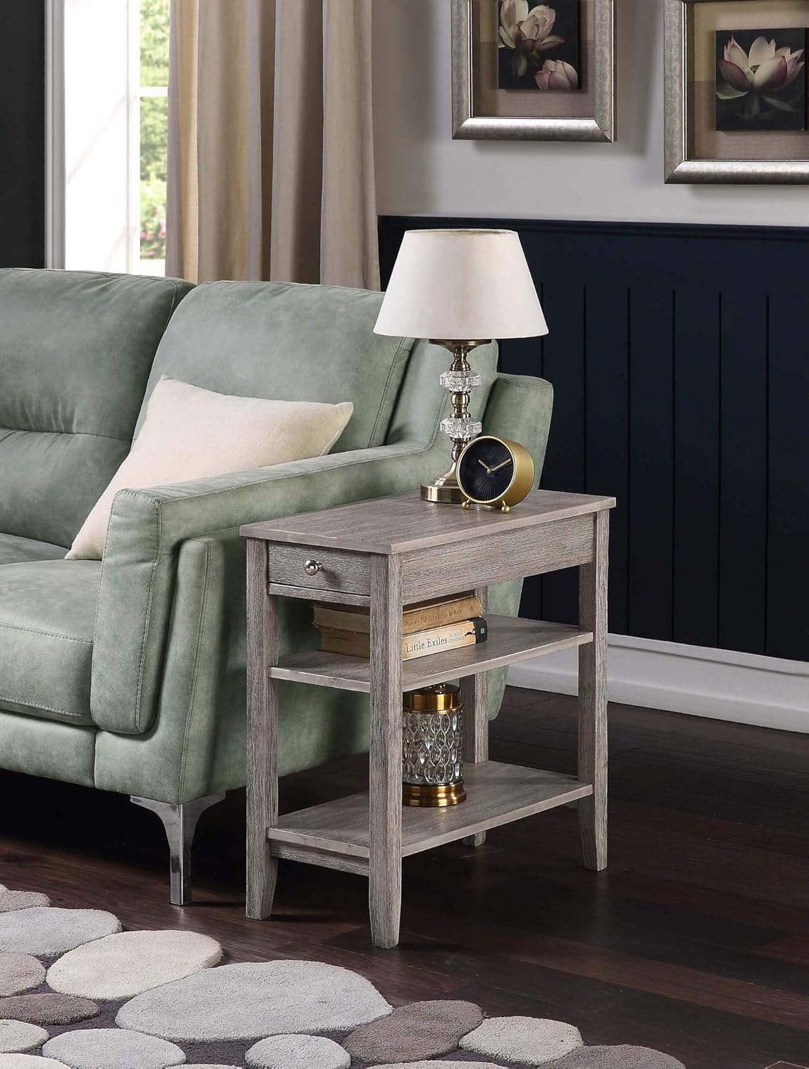 Convenience Concepts American Heritage Chairside End Table with Drawer 23.5" - Classic Living Room Table with Storage Shelf, Bedroom Nightstand, Wirebrush Light Gray