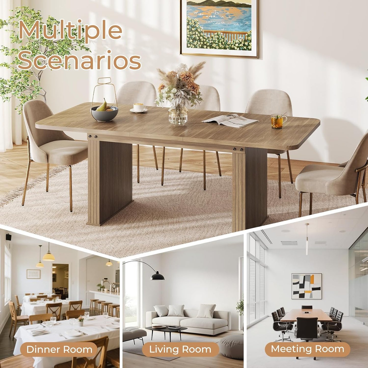 63"-78.7" Expandable Dining Table, 6-10 Farmhouse Kitchen Table, Extendable Dining Table, Rectangular Table with Metal Track, Widened Wood Striped Legs for Dining Room, Office-Beige Brown