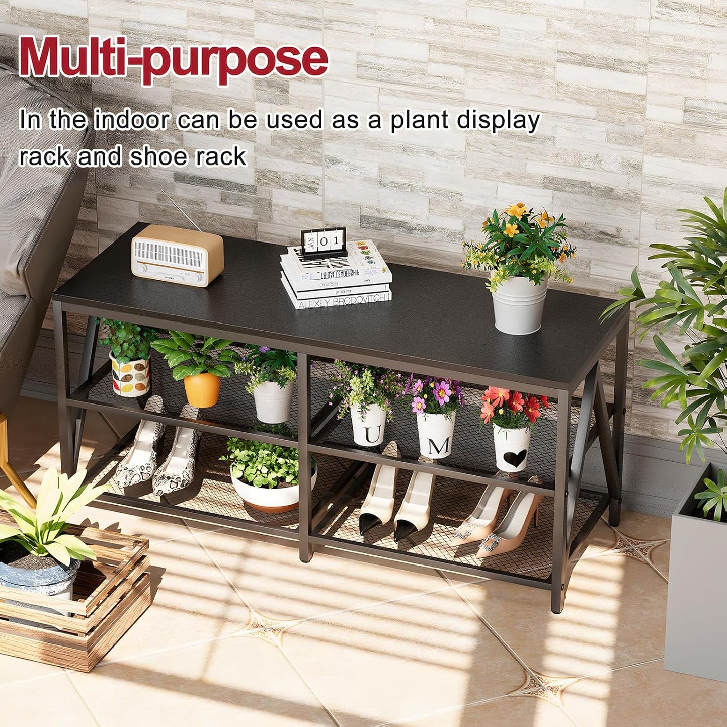 TV Stand for TVs up to 60 Inch, 43" Long Industrial TV Console Table with 3-Tier Storage Shelves, Entertainment Center for Living Room, Bedroom (Black)