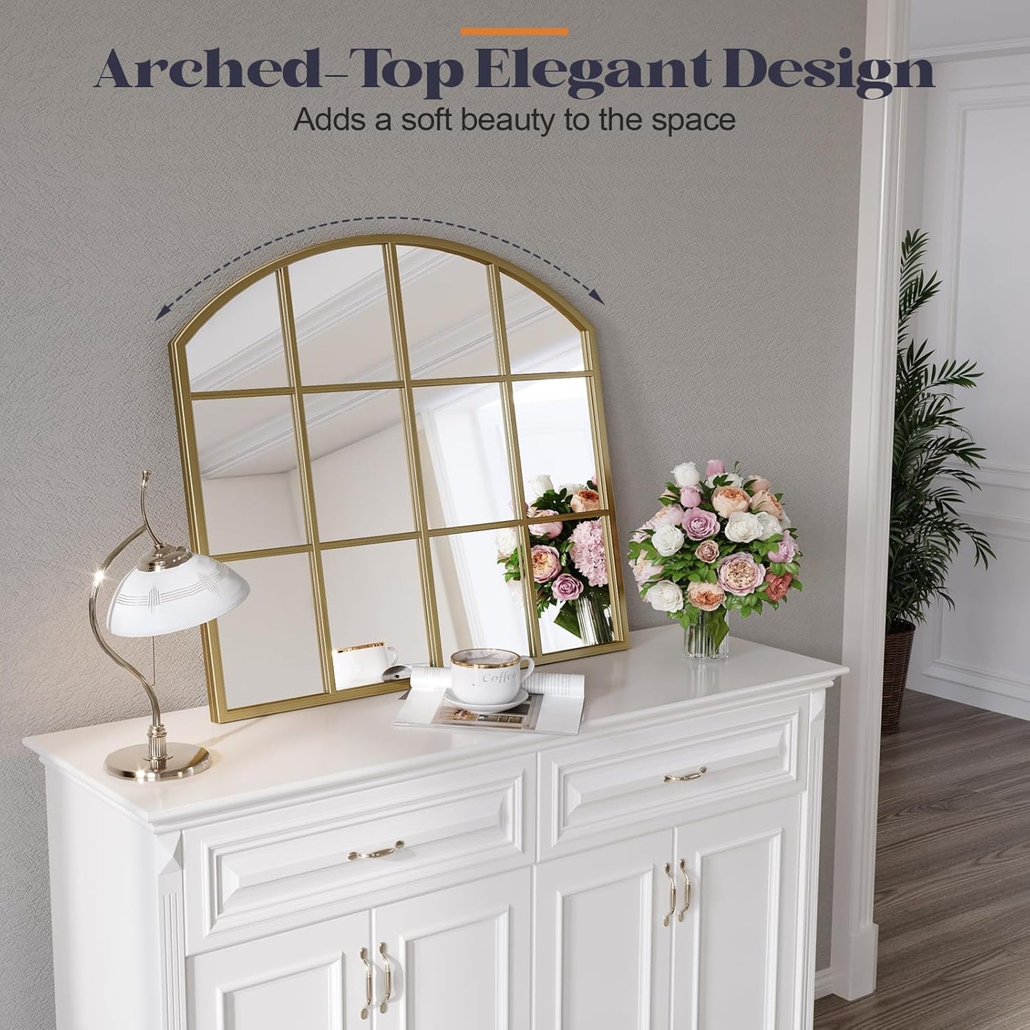 Window Pane Gold Mirror, 28" x 28" Farmhouse Arched Wall Mirror, Brass Rustic Arch Mirrors Large Grid Mirror for Living Room Bedroom Farmhouse Fireplace Hallway Entryway