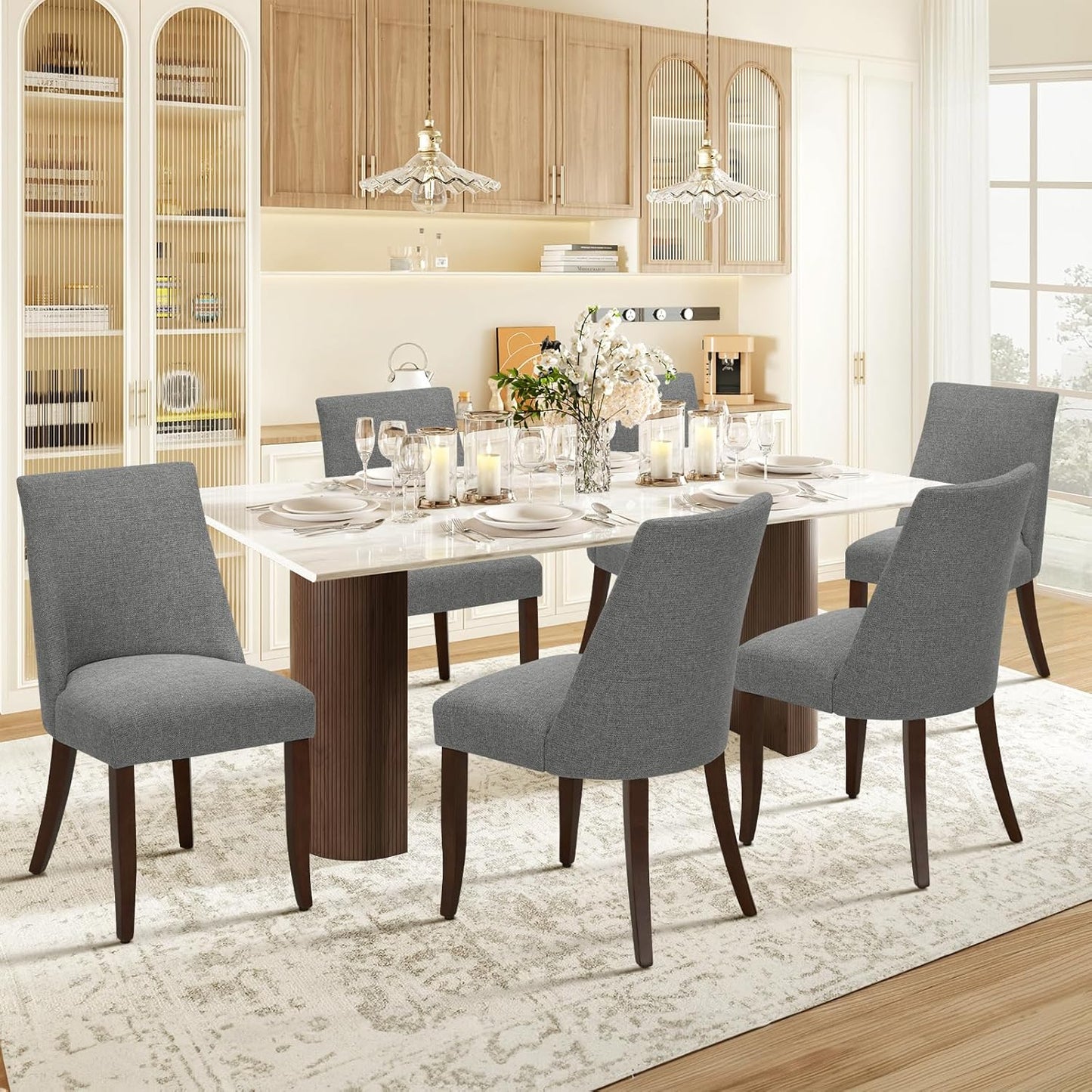 COLAMY Upholstered Dining Chairs Set of 6, Mid Century Modern Kitchen Chairs with Back, Farmhouse Fabric Side Dining Room Chairs with Wood Legs for Dining Room Restaurant, Light Grey