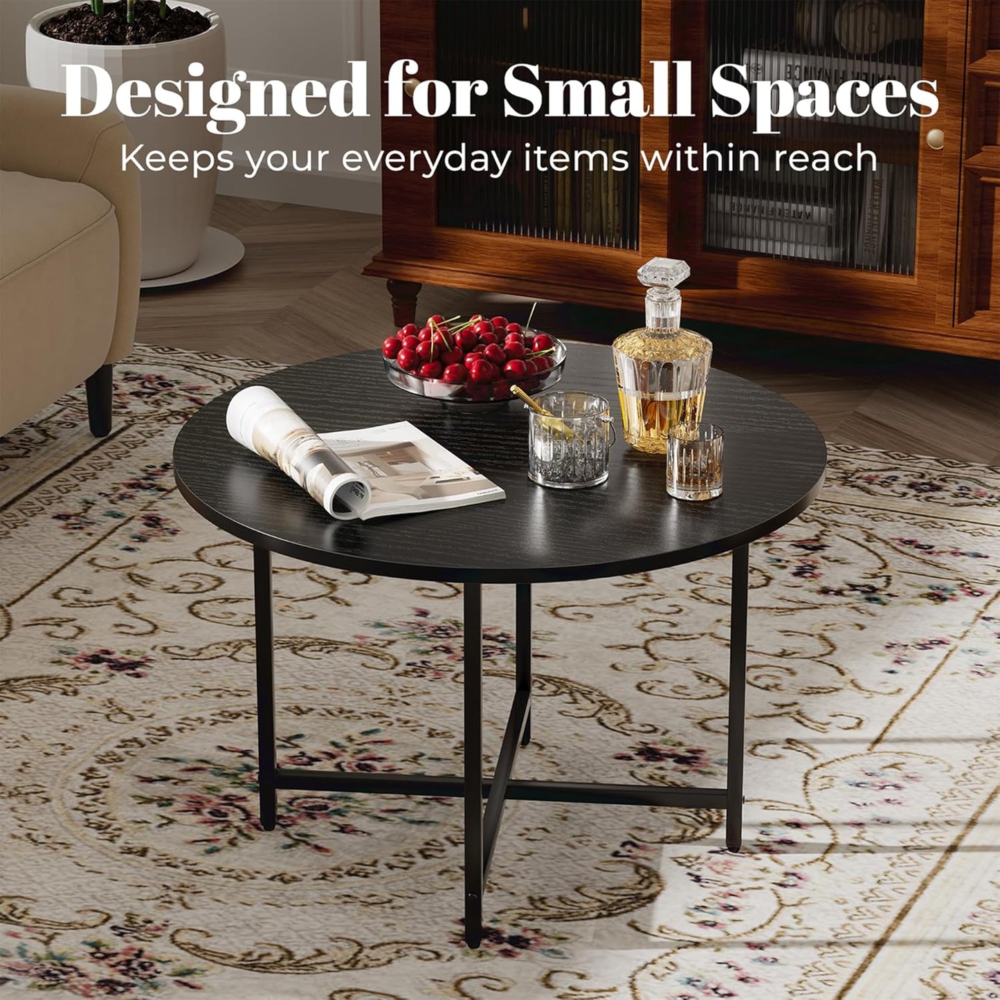 Round Coffee Table, Small Coffee Tables for Living Room, Wood Coffee Table with Metal Frame, Floor Table Desk for Sitting on The Floor, Home, Office, Farmhouse, Black (23.6" D x 17.7" H)