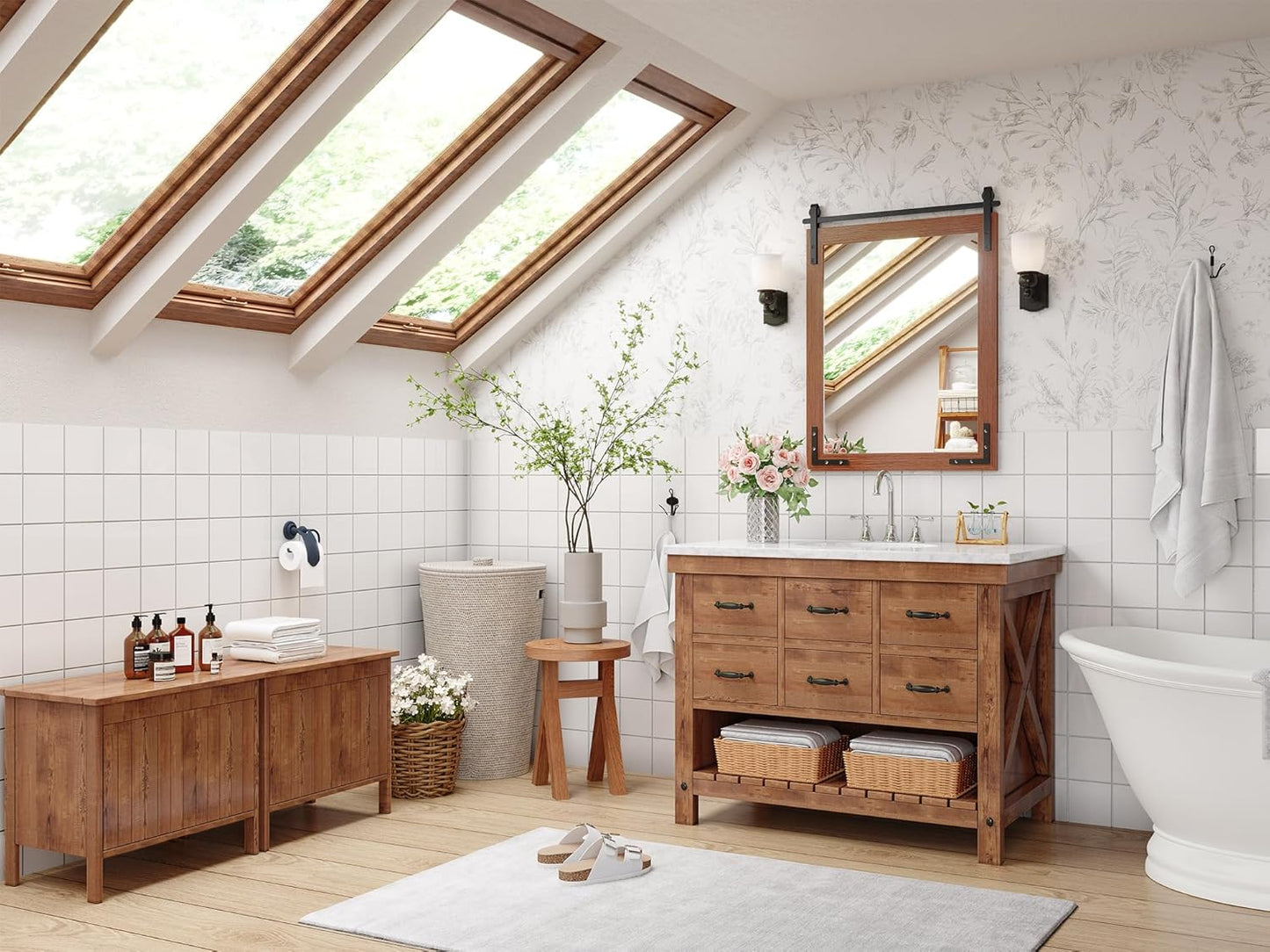 24x36 Inch Farmhouse Mirror for Bathroom, Brown Wood Framed Rustic Mirror, Rectangle Wall Decorative Mirrors for Entryway, Courtyard, Bedroom