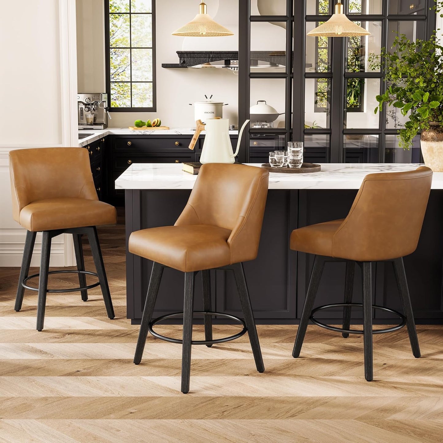 Counter Height Bar Stools Set of 3, Modern Swivel Barstools with Back and Wood Legs, Faux Leather Upholstered Bar Chairs, 26" H Kitchen Counter Stools, Kitchen Island Home Bar, Whisky Brown