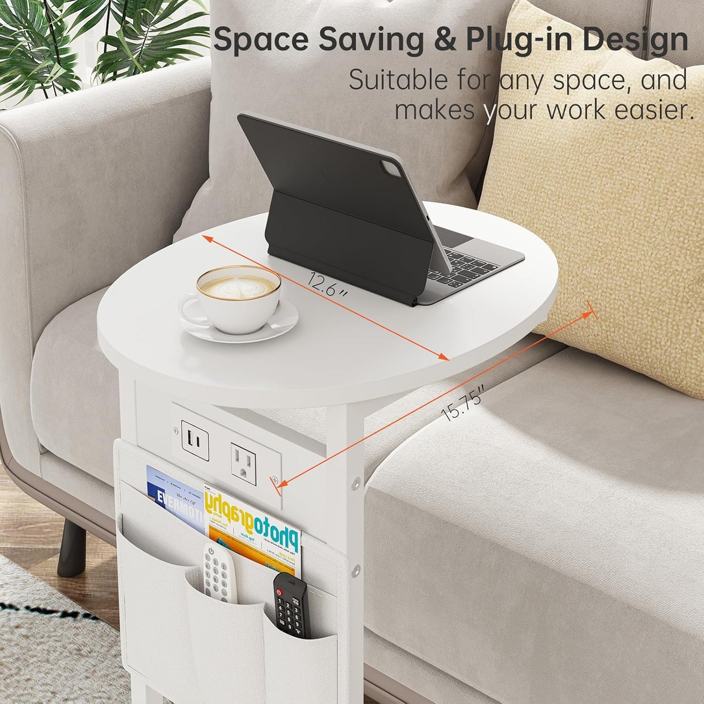 Vagusicc C Shaped End Table with Charging Station, Small Side Table for Couch, TV Tray Slide Under Sofa Table for Living Room and Bedroom, C Table Round Couch Side Table, White
