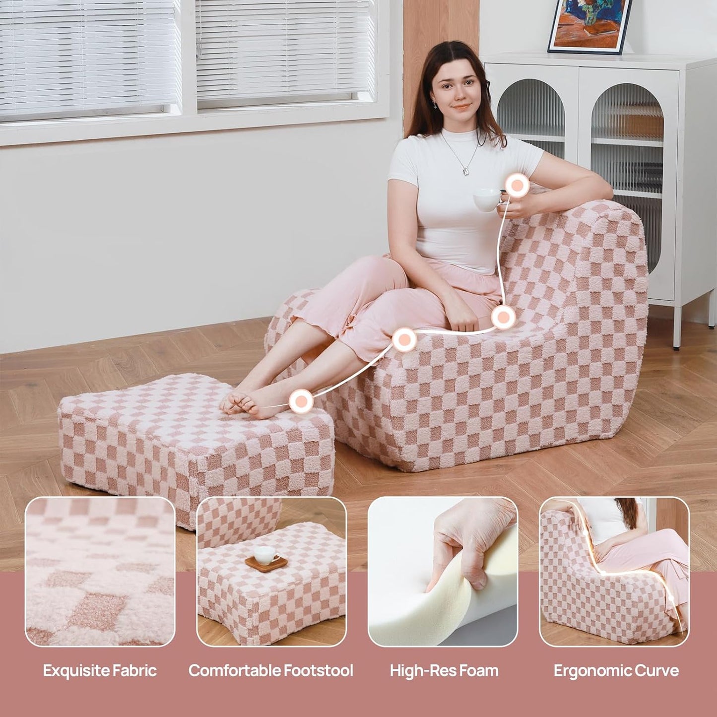 Giant Bean Bag Chair for Adults with Ottoman, Teddy Fabric Beanbag Chair with Memory Foam Filled,Plush Lazy Floor Sofa with Footstool Couch for Living Room,Bedroom,Dorm, Apartment, Pink