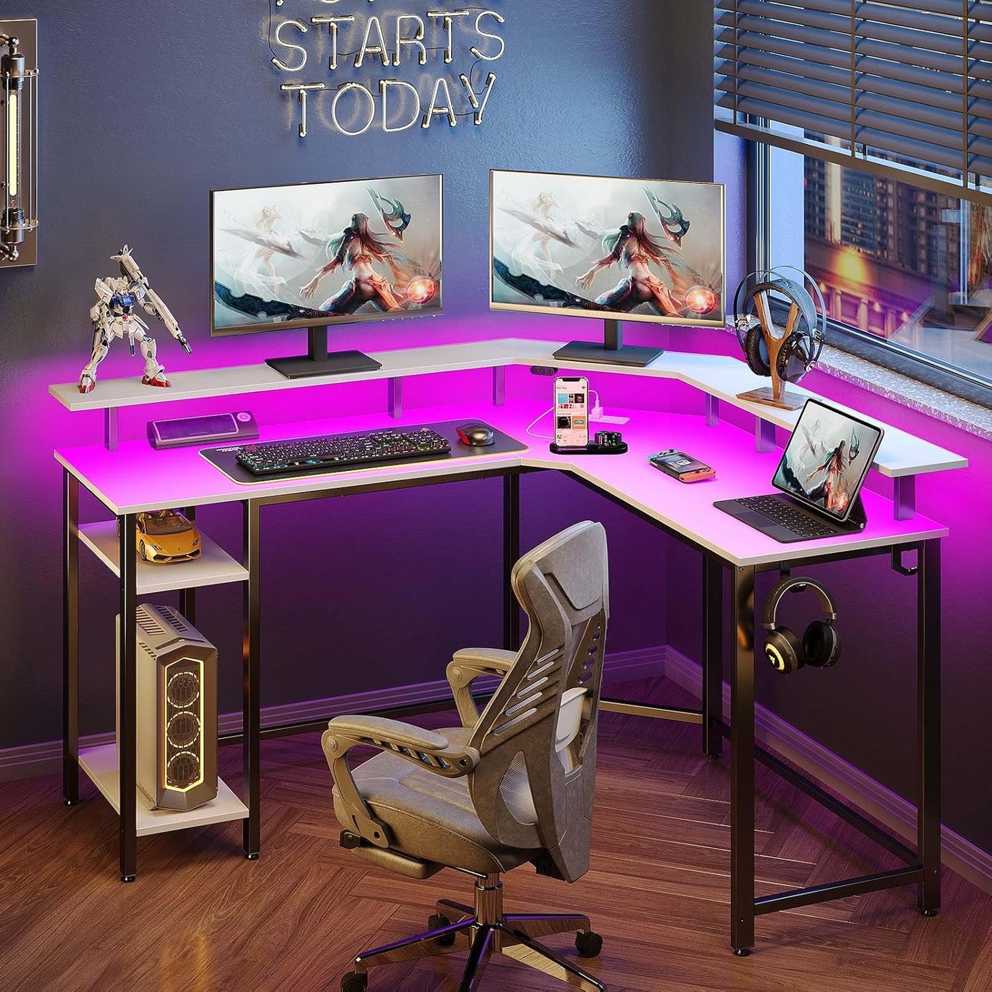 Rolanstar L Shaped Gaming Desk with LED Lights & Power Outlets, 46.2" Computer Desk with Full Monitor Stand & Storage Shelf, Corner Desk with Hooks, White Desk Reversible