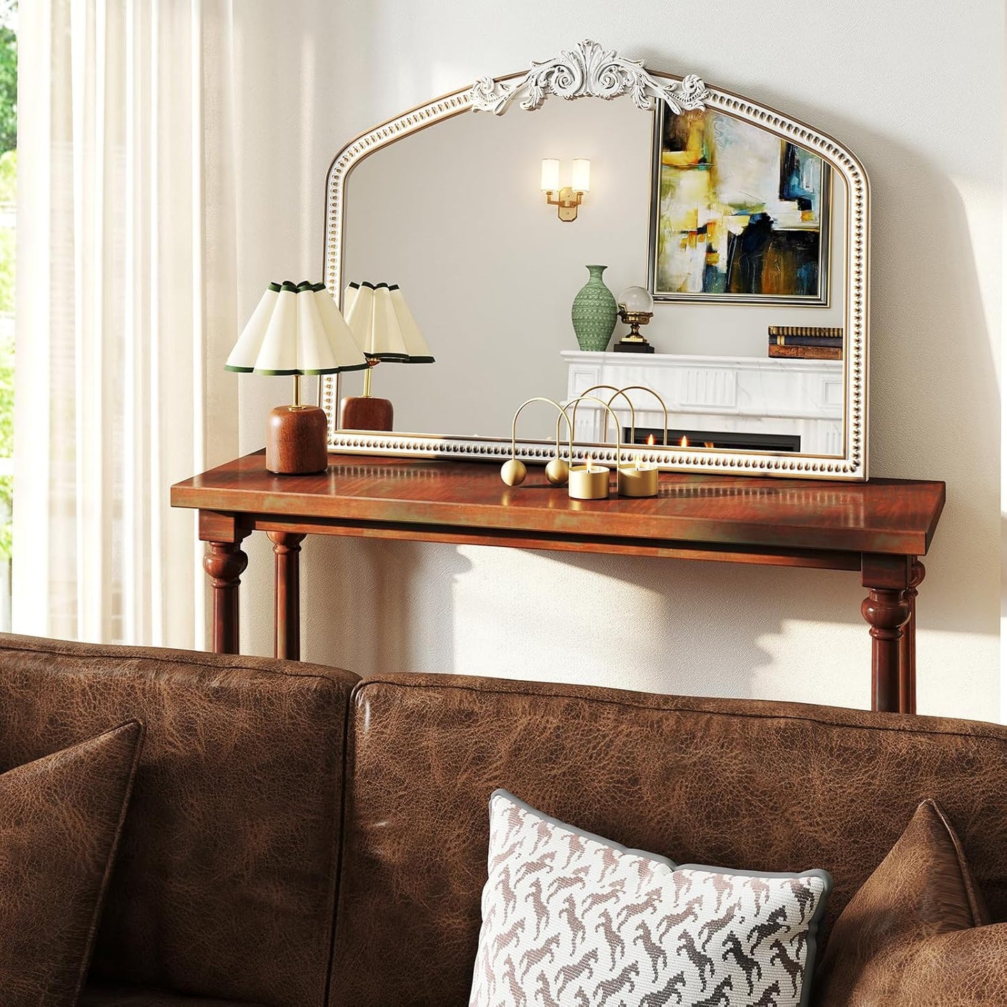 42''x32'' Baroque Wide Arched Wall Mirror, Ornate Wooden Farmhouse Arch Decorative Mirrors for Entryway, Fireplace, Bathroom with Beads Decor