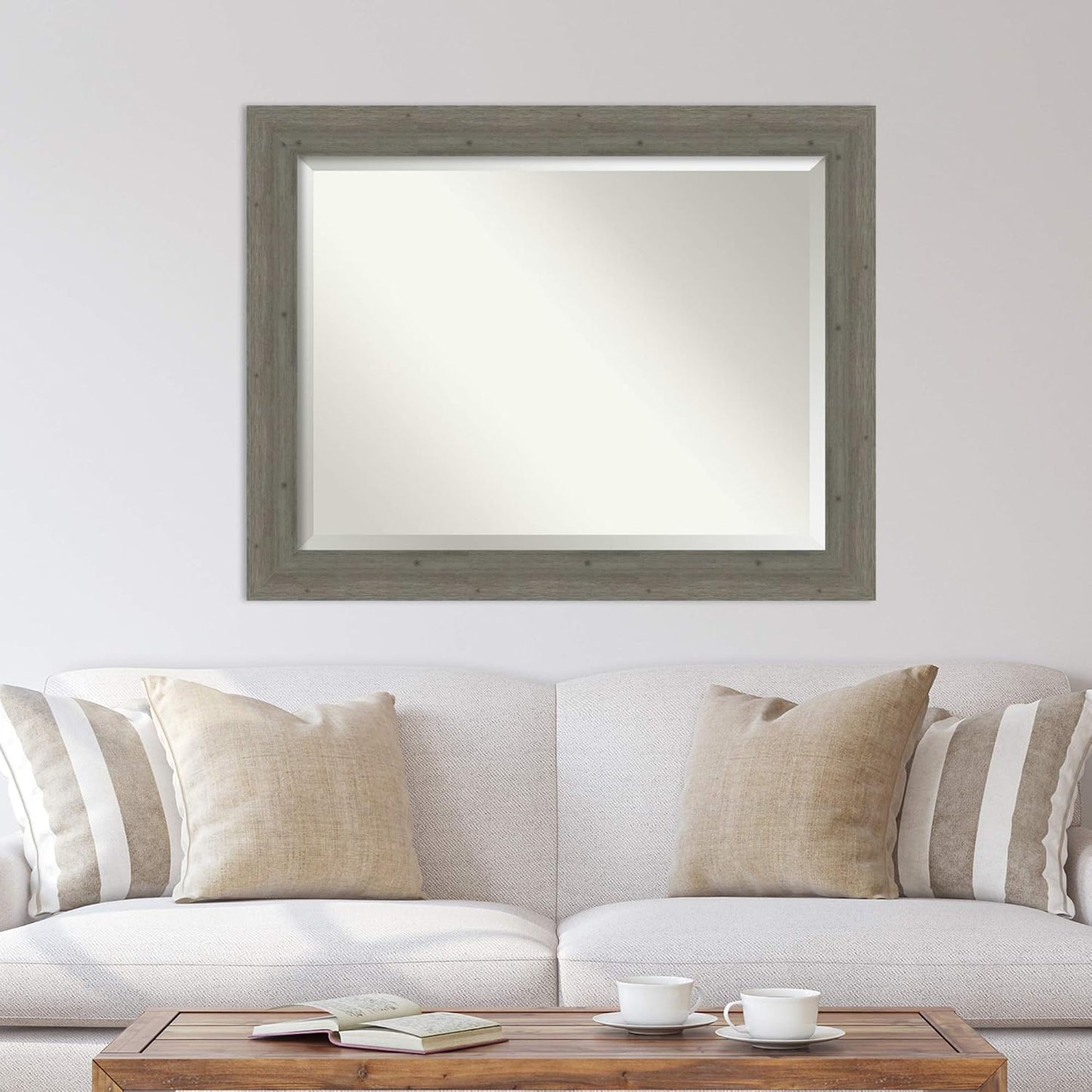 Amanti Art Grey Wall Mirror 37x47 Fencepost Grey Rectangle Bathroom Mirror for Wall Decor Living Room, X-Large Rustic Farmhouse Wood Frame, Hangs Horizonally and Vertically, Bathroom Decor, Beveled