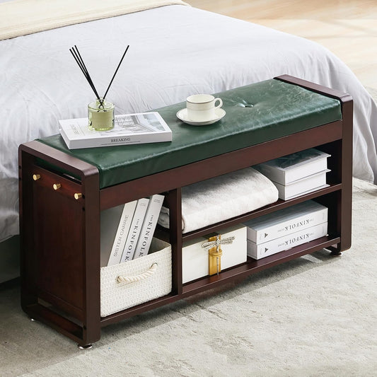 Nnewvante 37.4 inch Shoe Bench with Green Leather Cushion, 3-Tier Large Shoe Rack for Entryway Organizer, 100% Bamboo Ottoman Upholstered Bench for Hallway, Living Room, End of Bed Padded Bench